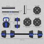 Voir la diapositive 3 : HOMCOM Ensemble d'haltères musculation multifonction 4 en 1 - haltères, kettlebell, push-up support, Olympic barre - total 25Kg - PVC bleu noir