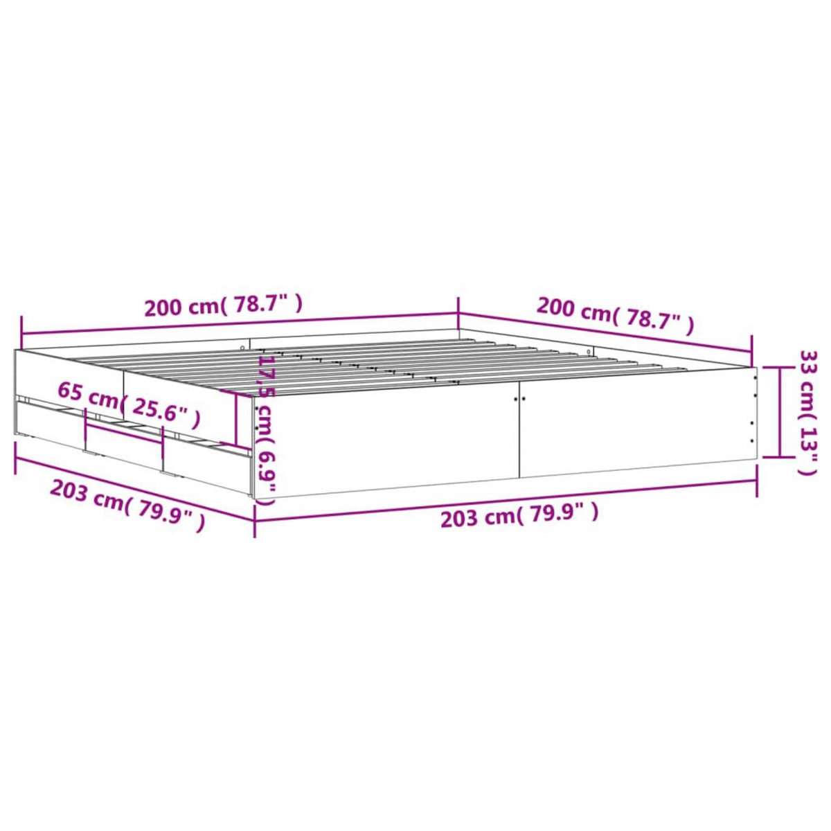 VIDAXL Cadre de lit avec tiroirs sans matelas gris beton 200x200 cm