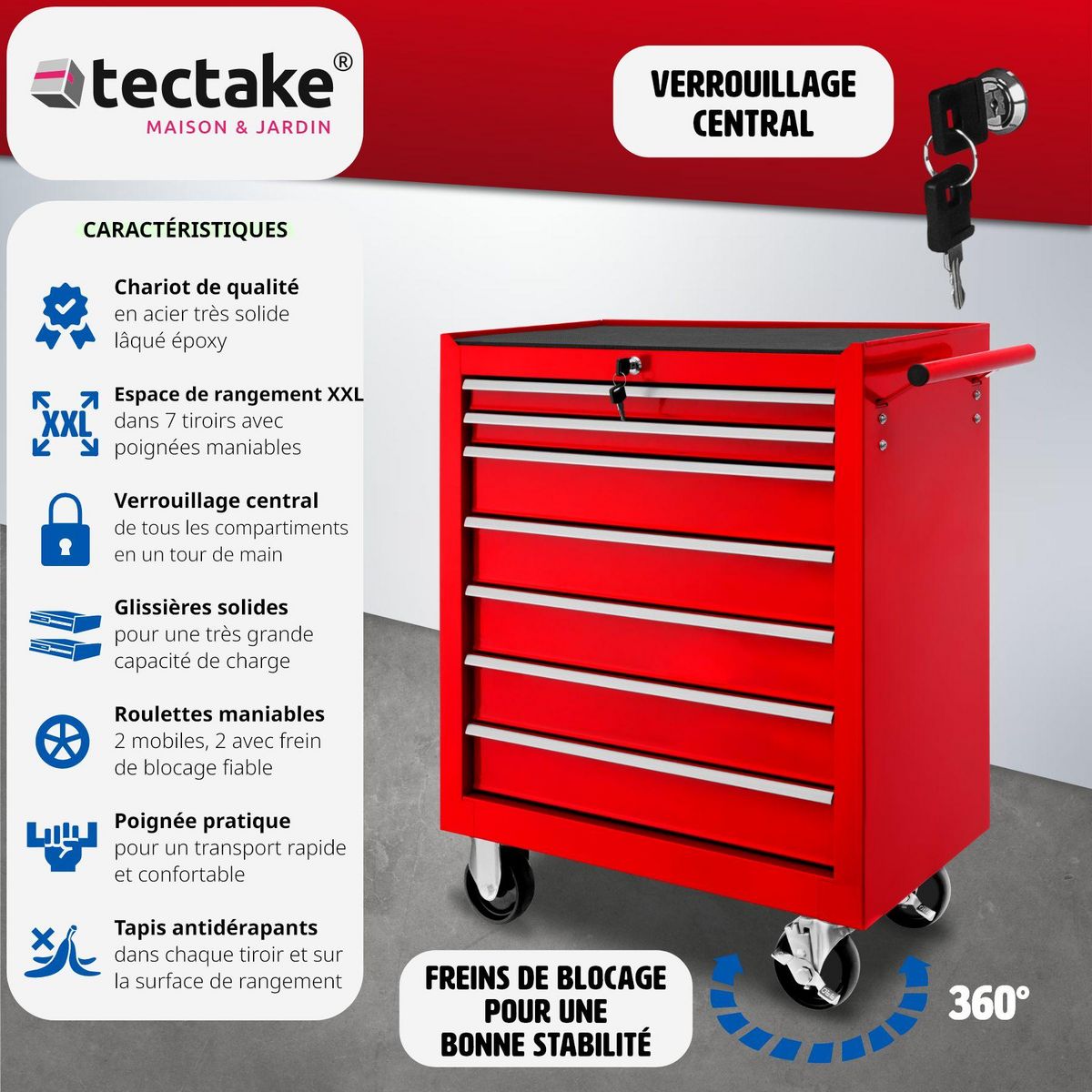 tectake Servante d'atelier 7 tiroirs spacieux verrouillables avec tapis antidérapant rouge