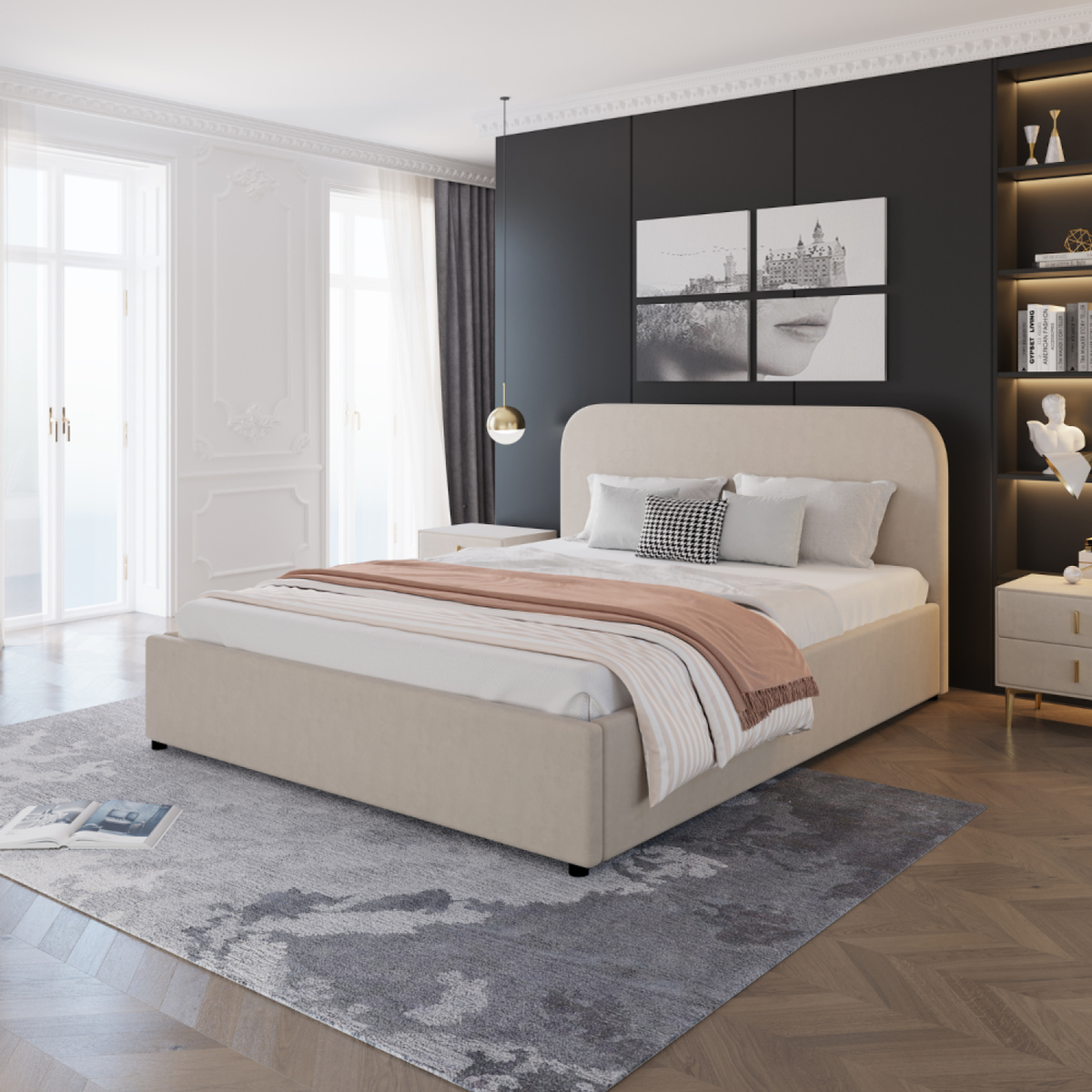 CONCEPT USINE Lit avec coffre de rangement 140x190cm velours beige HOUSTON