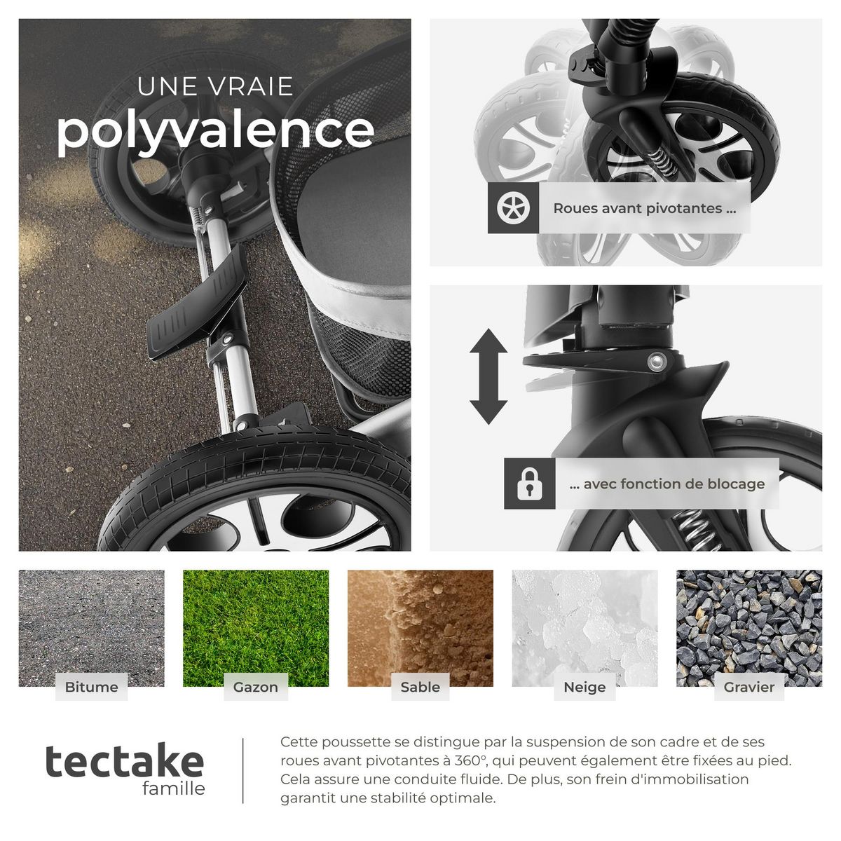 tectake Poussette combinée 2-en-1 pliable avec harnais à 5 points, frein, arceau de sécurité et dragonne gris