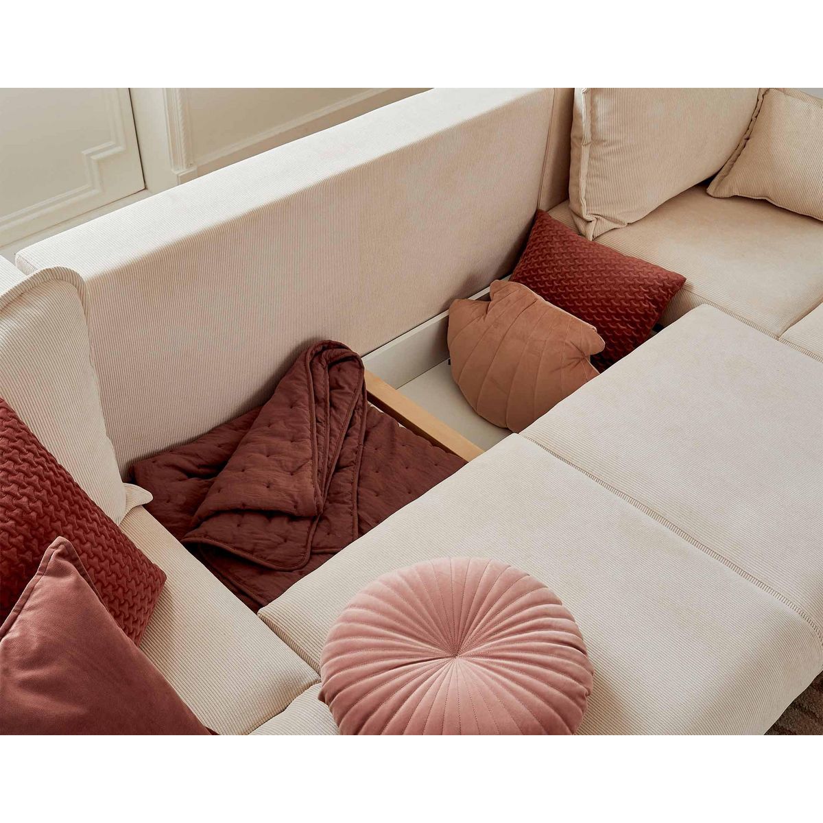 LISA DESIGN Albane - canapé panoramique en u - 7 places - convertible avec coffre - en velours côtelé