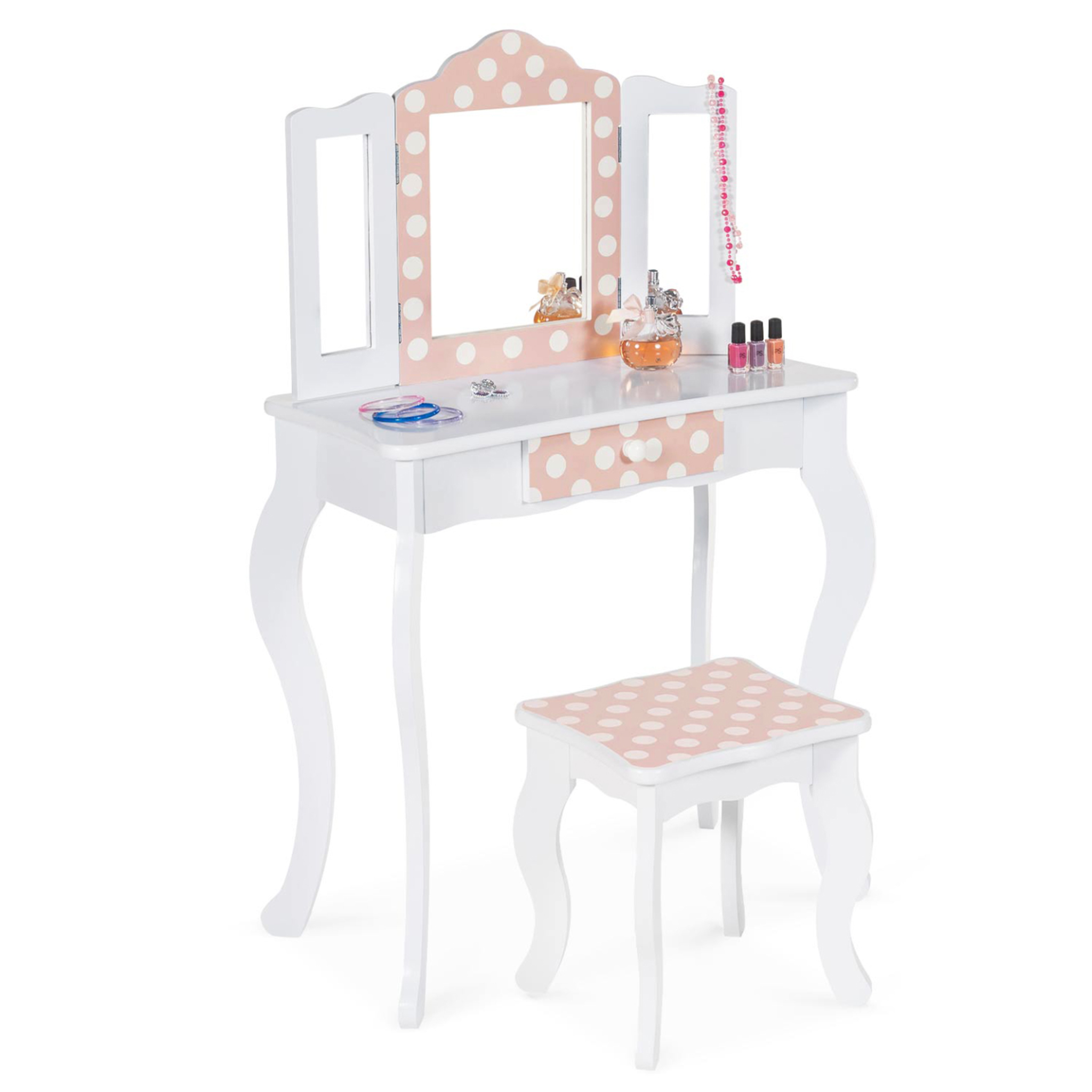 ID MARKET Coiffeuse enfant roza blanche et rose avec 3 miroirs et tabouret