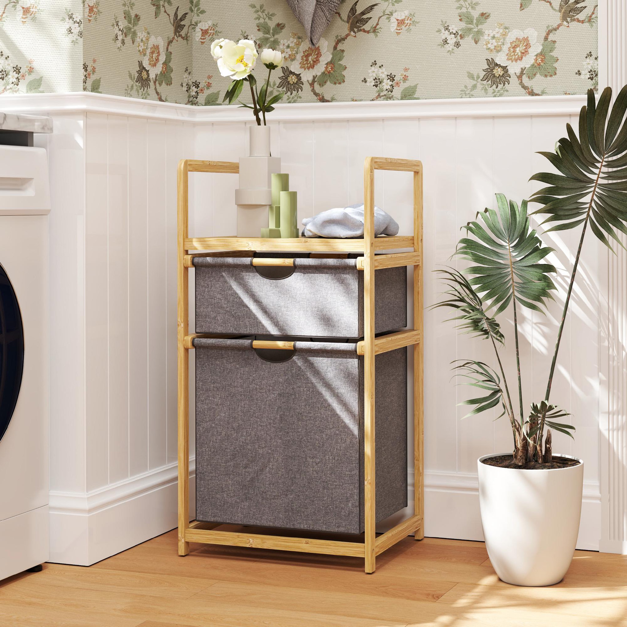 Voir la diapositive 2 : HOMCOM Panier à linge en bambou - panier à linge 2 bacs et étagère - panier à linge double - tissu gris