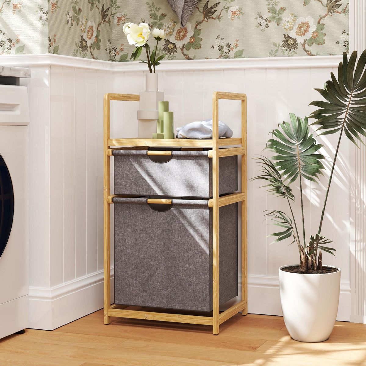 HOMCOM Panier à linge en bambou - panier à linge 2 bacs et étagère - panier à linge double - tissu gris