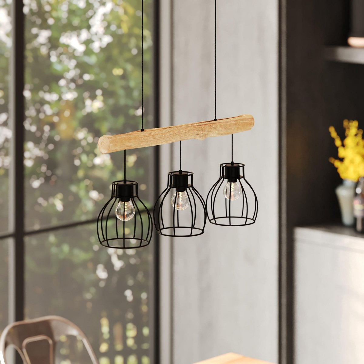 Rendez vous déco Suspension 3 lampes en bois d'eucalyptus et métal noir-Abby