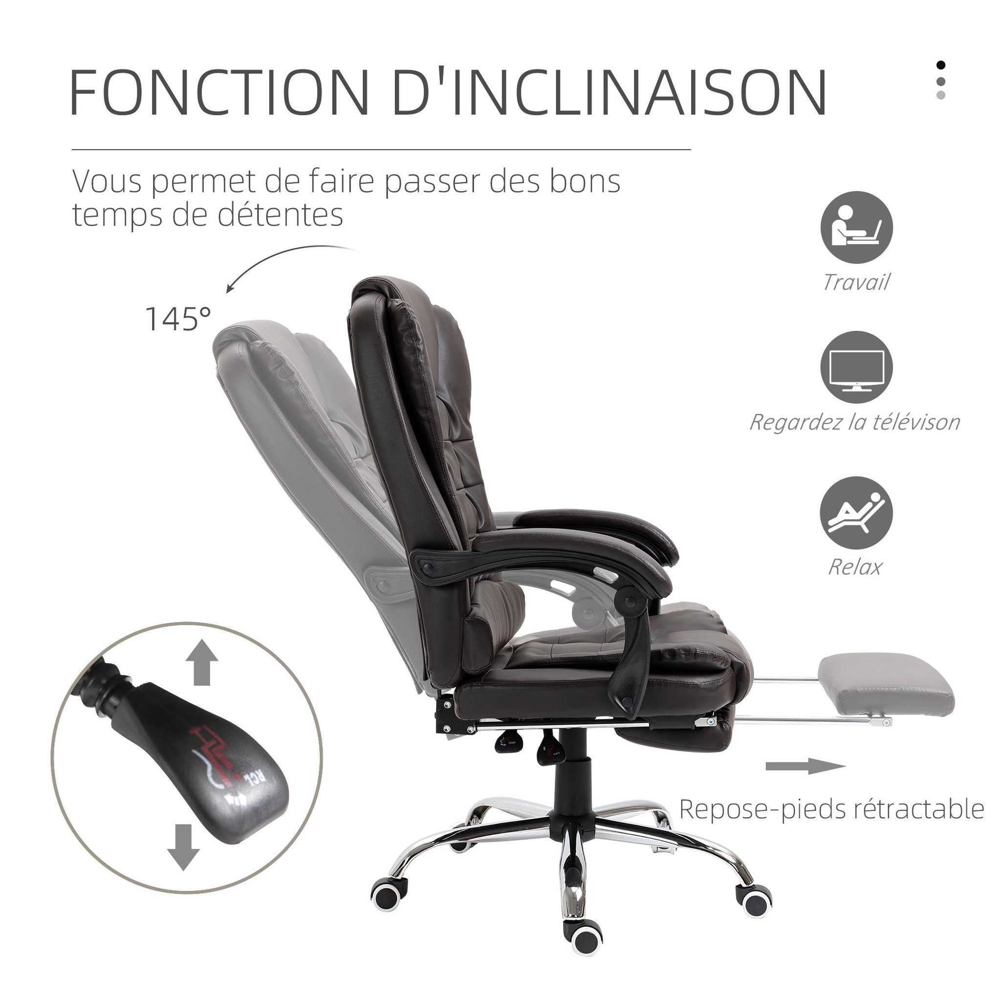 Voir la diapositive 5 : HOMCOM Fauteuil de bureau fauteuil manager grand confort réglable dossier inclinable repose-pied revêtement synthétique chocolat