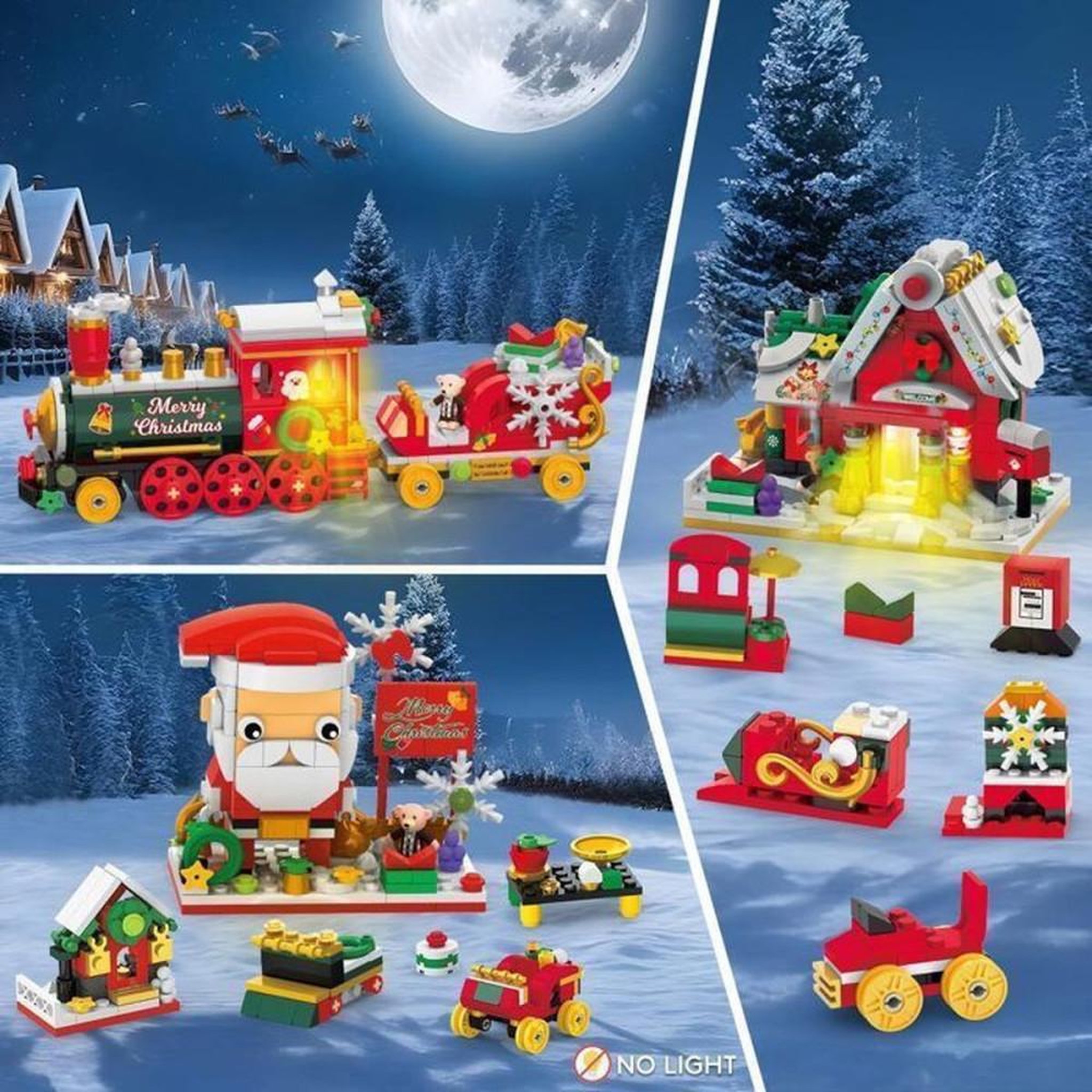 Voir la diapositive 2 : Jouet de construction Noël 3-en-1 403 pièces avec LED, modèles Père Noël, train et cabane