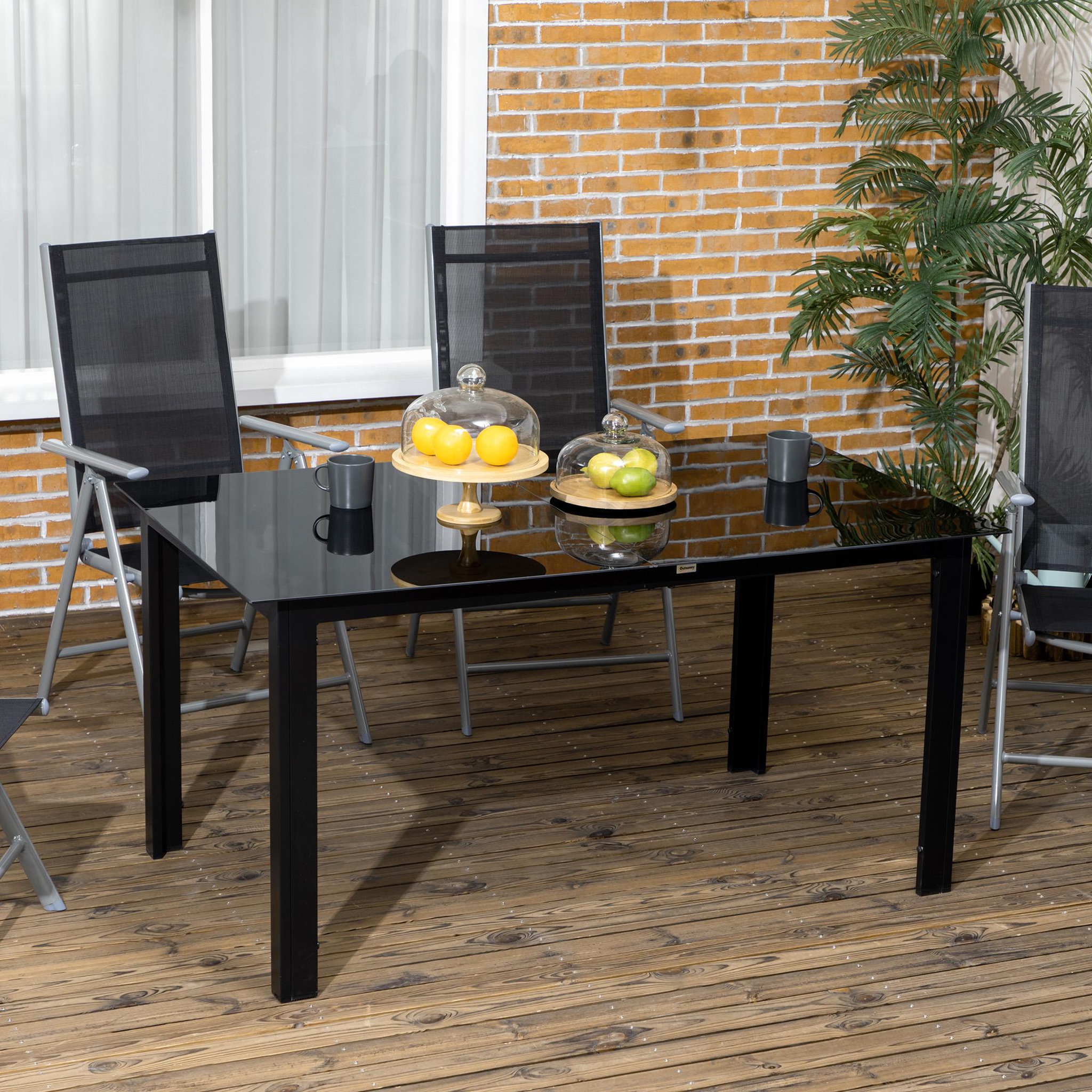 Voir la diapositive 2 : OUTSUNNY Table de jardin rectangulaire 6 personnes dim. 150L x 90l x 74H cm alu. plateau verre trempé noir