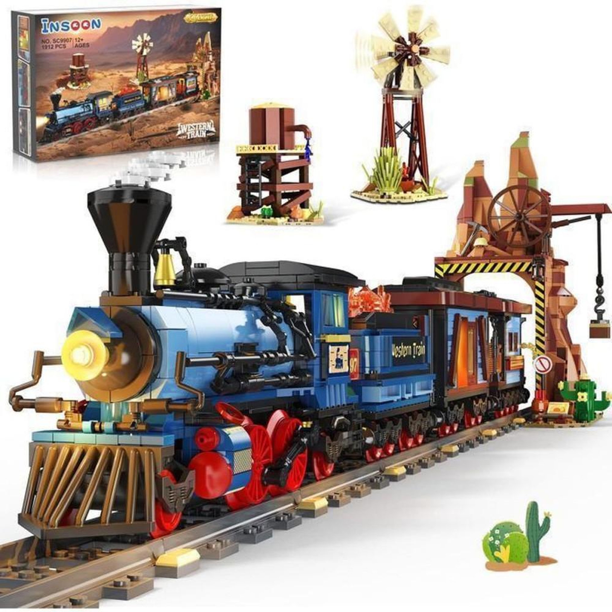 Ensemble de construction train statique Far West 1912 pièces avec rails vintage, moulin à vent rotatif, château d'eau rustique et éclairage LED