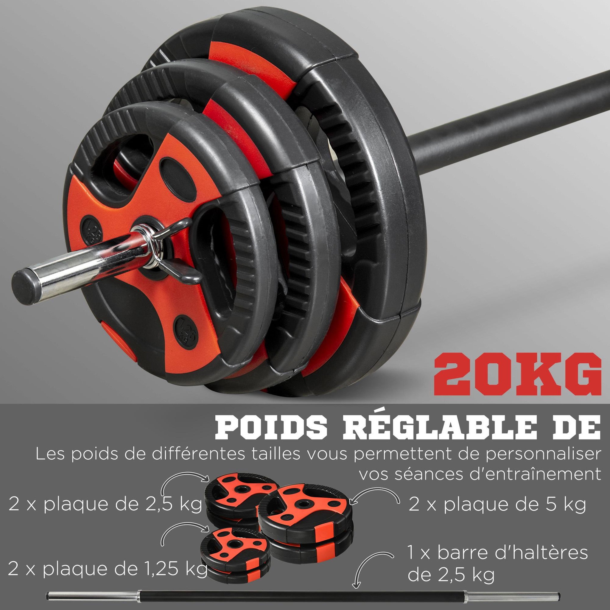Voir la diapositive 4 : HOMCOM Kit pump 20 kg - barre et poids de musculation 1,40 m 27 mm - sets de barre de musculation - noir rouge