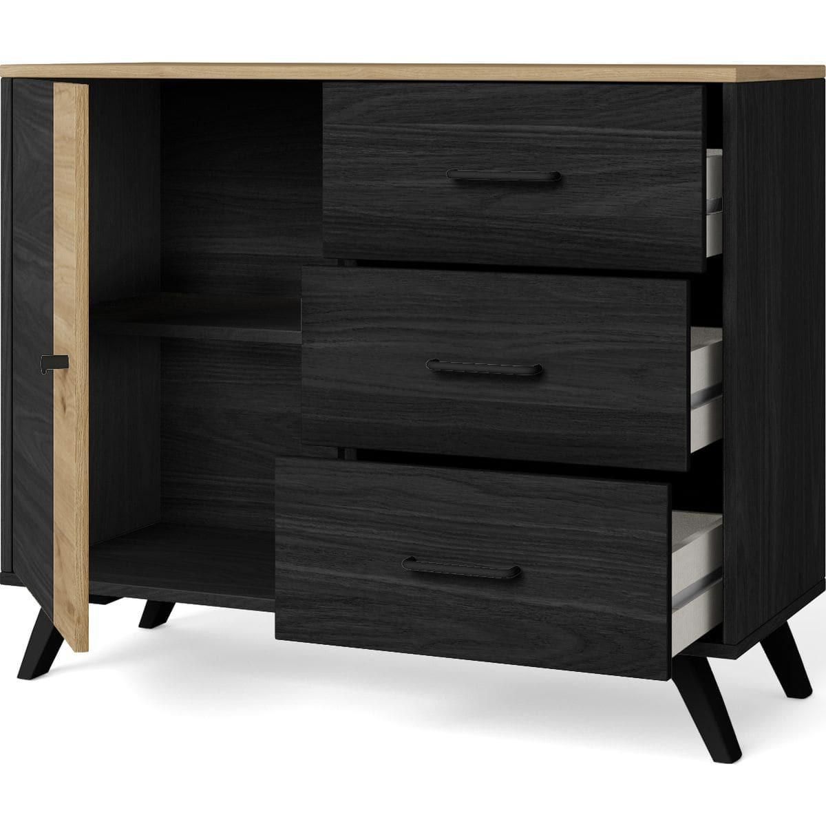 HOMIFAB Buffet 1 porte 3 tiroirs effet bois noir et bois naturel 92 cm - Zack