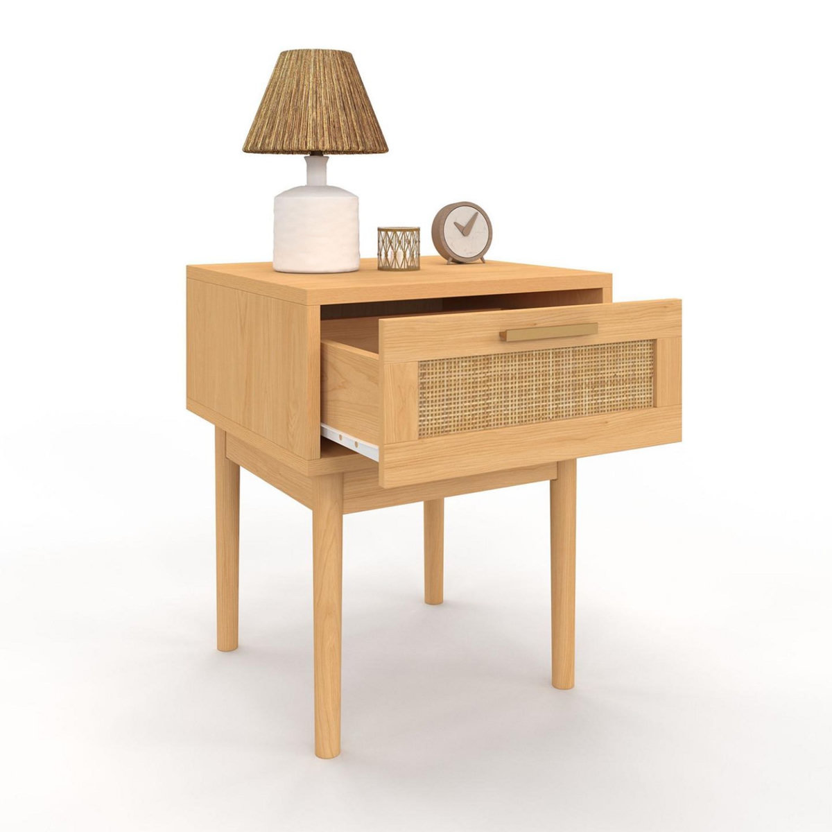 ID MARKET Lot de 2 tables de chevet ROBERT 1 tiroir effet naturel cannage et bois