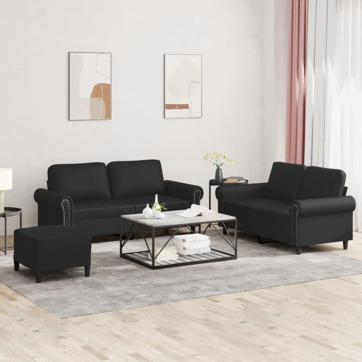 VIDAXL Ensemble de canapes 3 pcs avec coussins Noir Similicuir