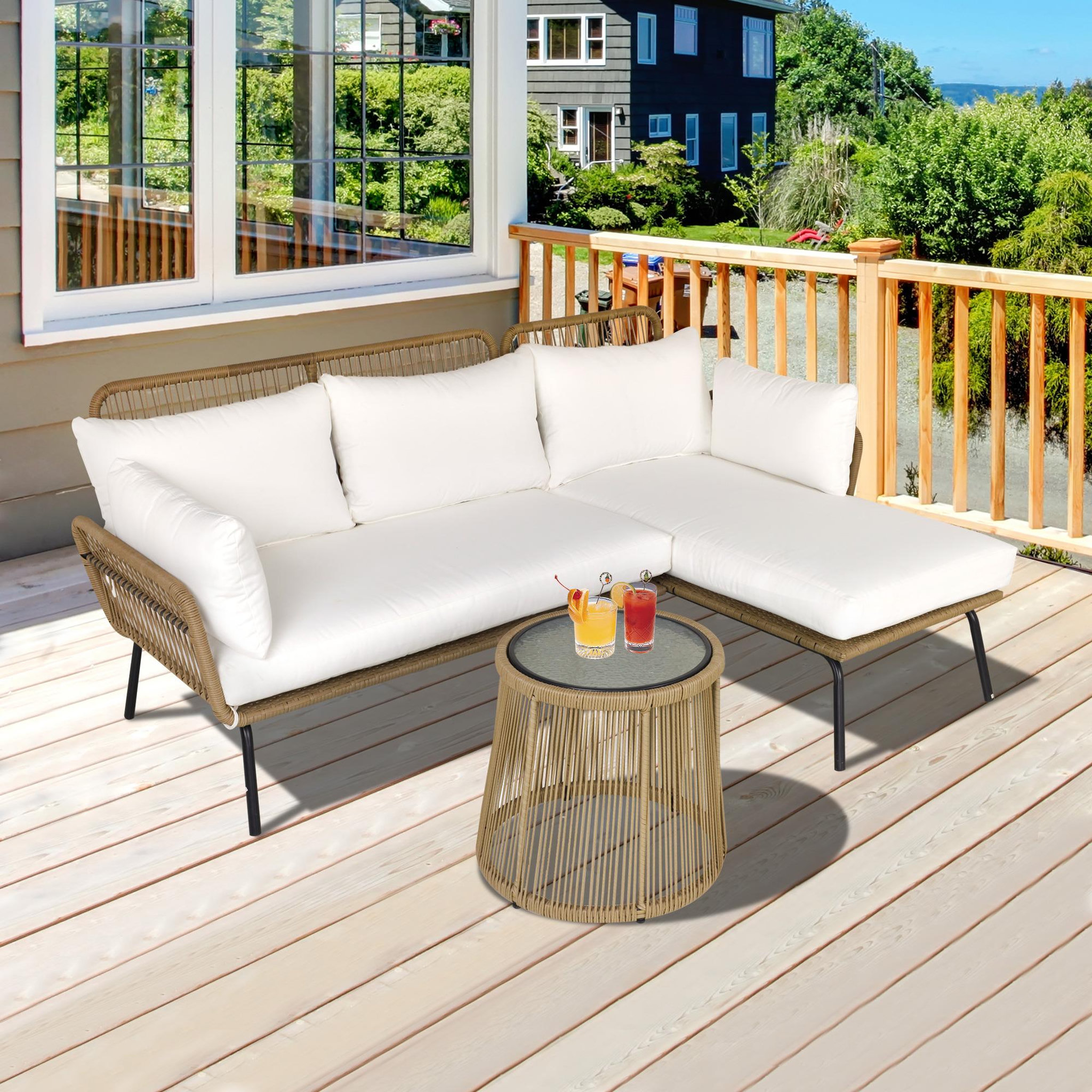 Voir la diapositive 2 : OUTSUNNY Salon de jardin d'angle 4 pers. Style colonial table basse coussins grand confort inclus résine tressée beige