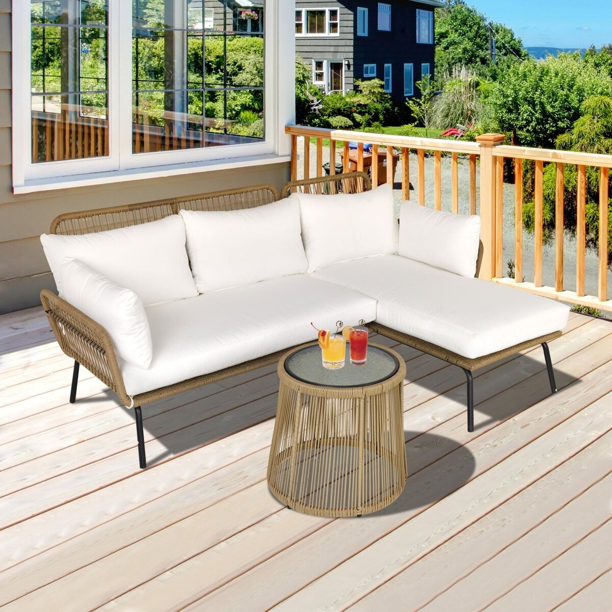 OUTSUNNY Salon de jardin d'angle 4 pers. style colonial table basse coussins grand confort inclus résine tressée beige