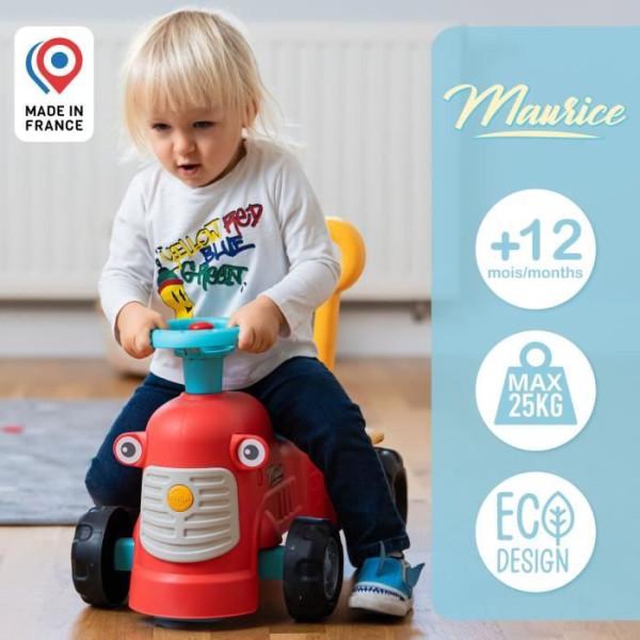Voir la diapositive 4 : FALK Porteur Trotteur  tracteur Maurice - FALK - Volant directionnel, Assise ouvrante - Fabriqué en France - 90% de plastique recyclé - Des 1
