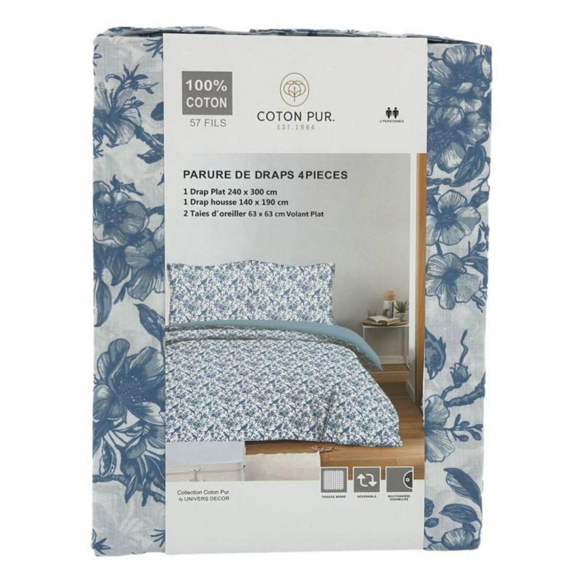 COTON PUR Parure de draps 4 pièces pour lit 140 x 190 cm Bérengère bleu