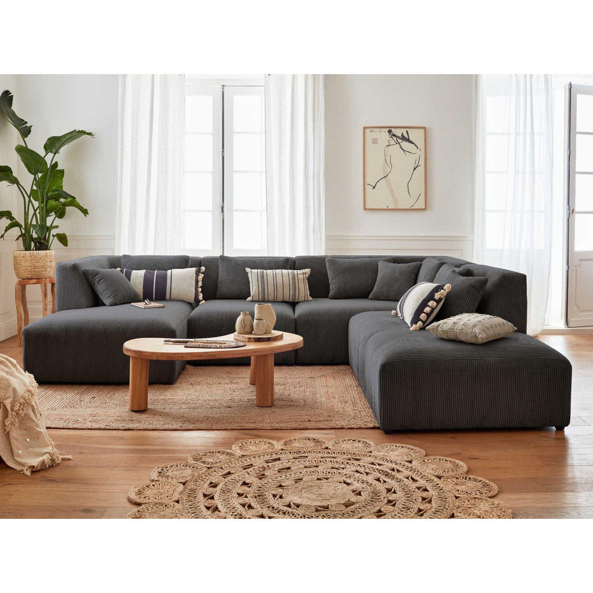 LISA DESIGN Victoire - canapé modulable panoramique d'angle droit - 7 places - en velours côtelé