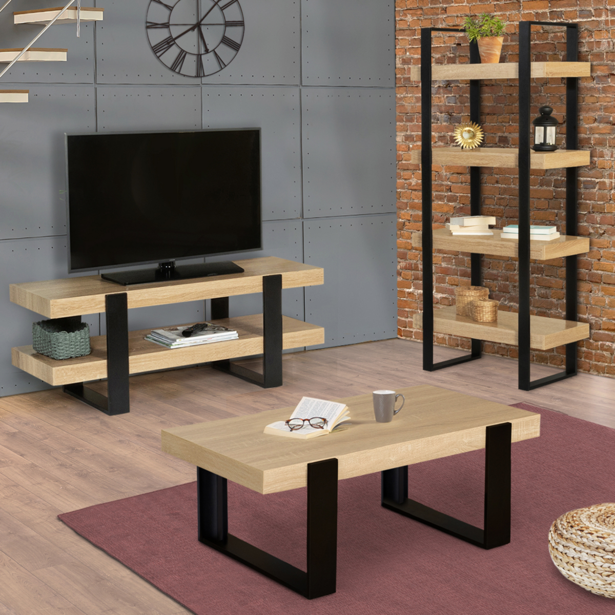 ID MARKET Table basse rectangulaire PHOENIX bois et noir