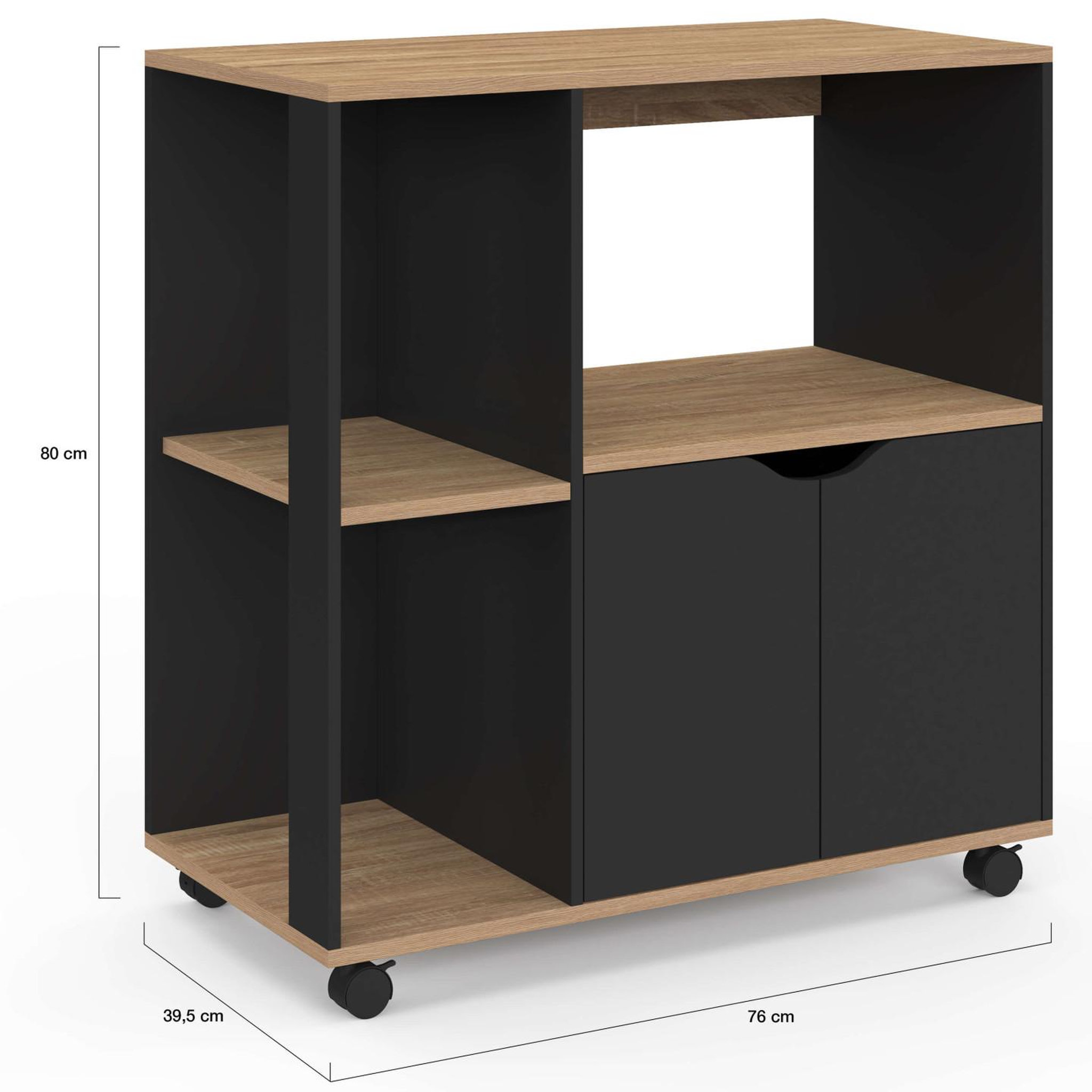 Voir la diapositive 5 : ID MARKET Desserte de cuisine cosi bois noir et plateaux façon hêtre l.76 cm