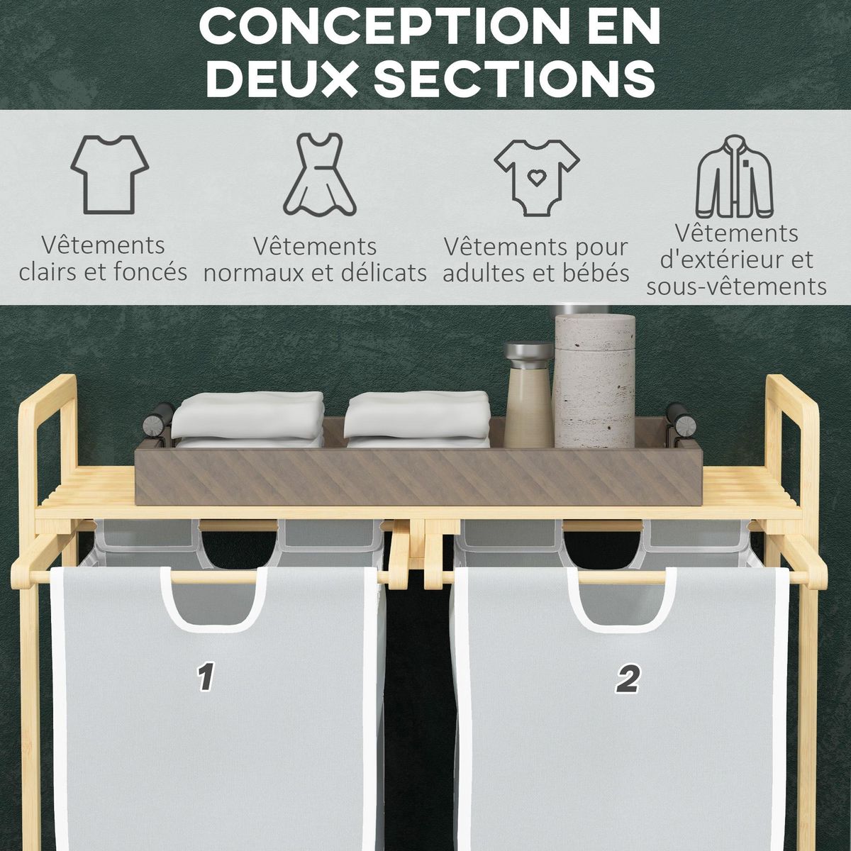 HOMCOM Panier à linge corbeille à linge bambou 2 paniers amovibles crème