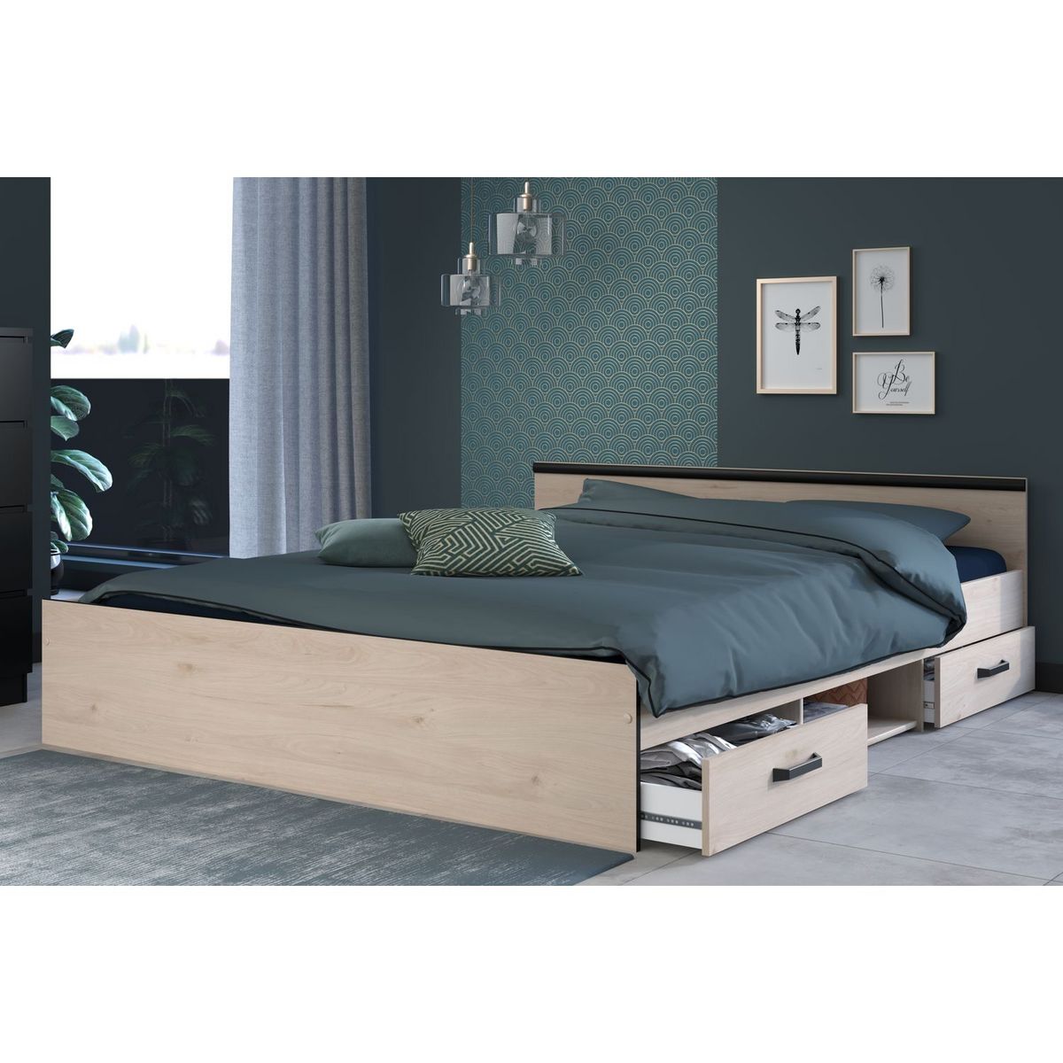 Lit double adulte avec tête de lit et rangements 160x200 cm DOWNTON