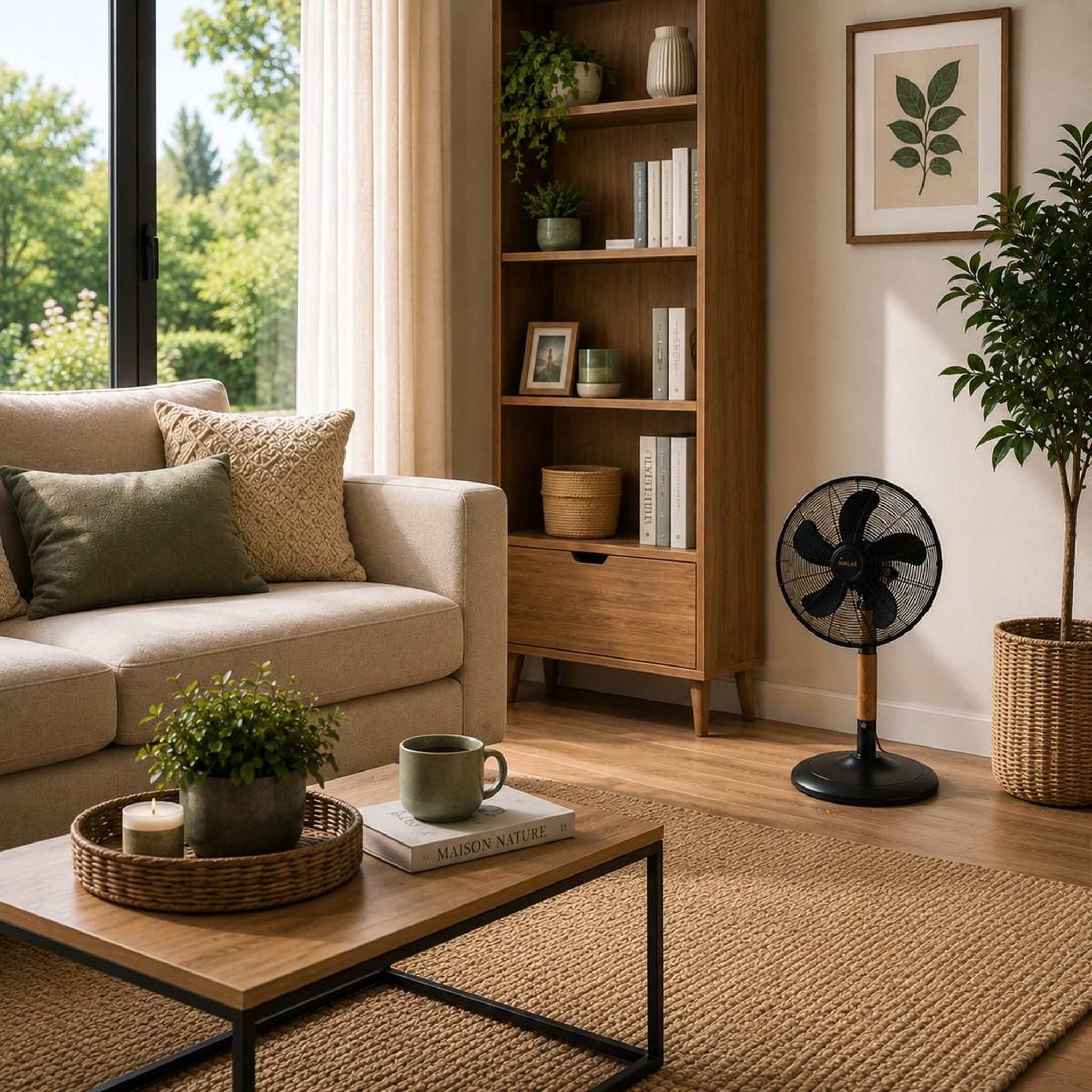 Voir la diapositive 4 : NIKLAS Ventilateur 60w mat en bois - ventilateur 3 vitesses hauteur 76cm tête réglable niklas