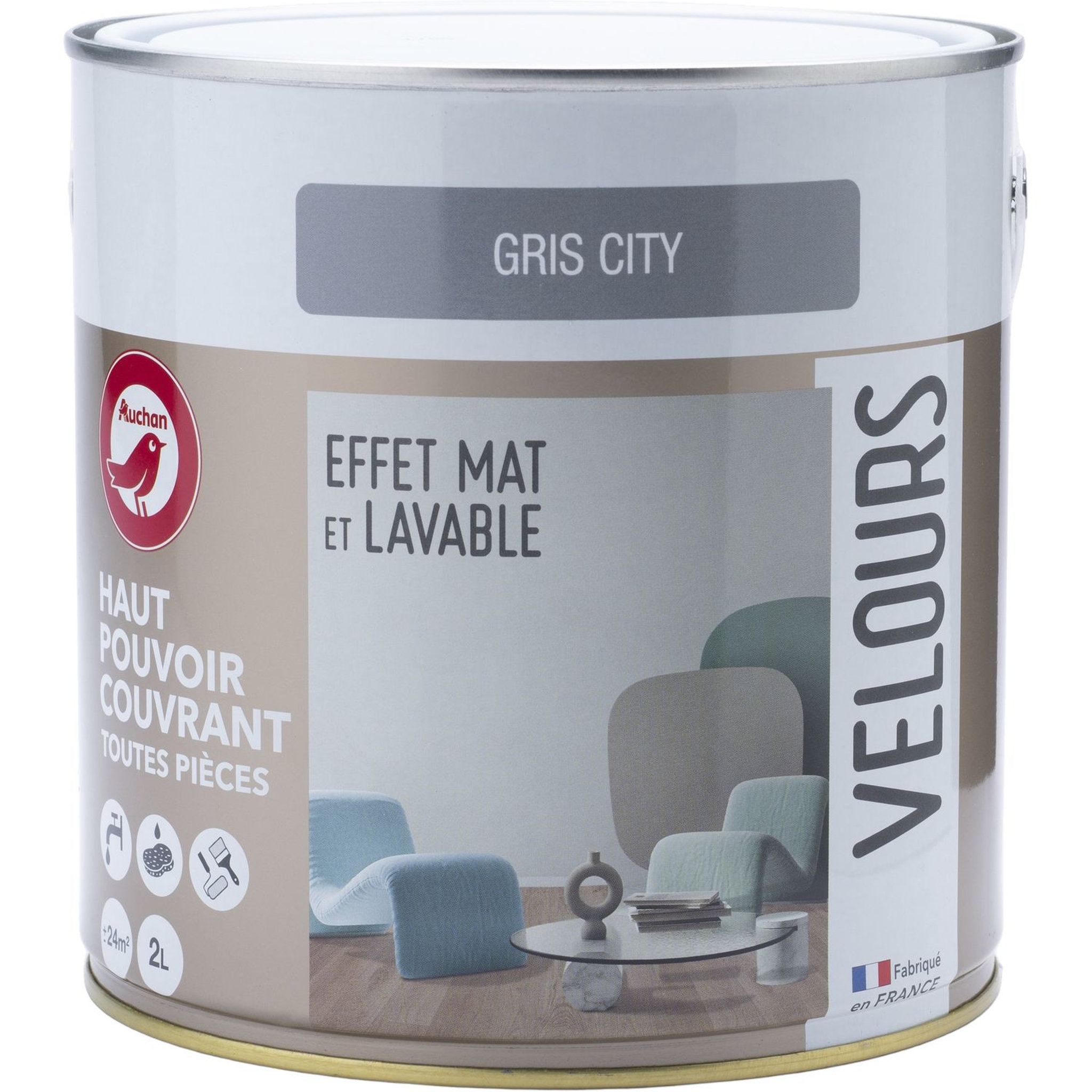 AUCHAN Peinture velour dépolluante gris city 2L