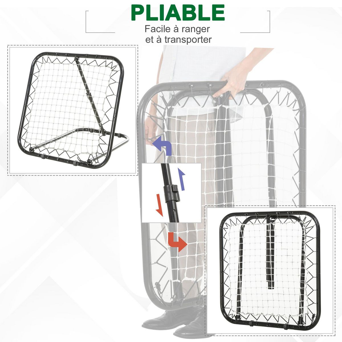 HOMCOM Filet de rebond de football pliable - inclinaison réglable 5 positions - dim. 84L x 78l x 78H cm - piquets d'ancrage inclus filet PE blanc métal époxy noir
