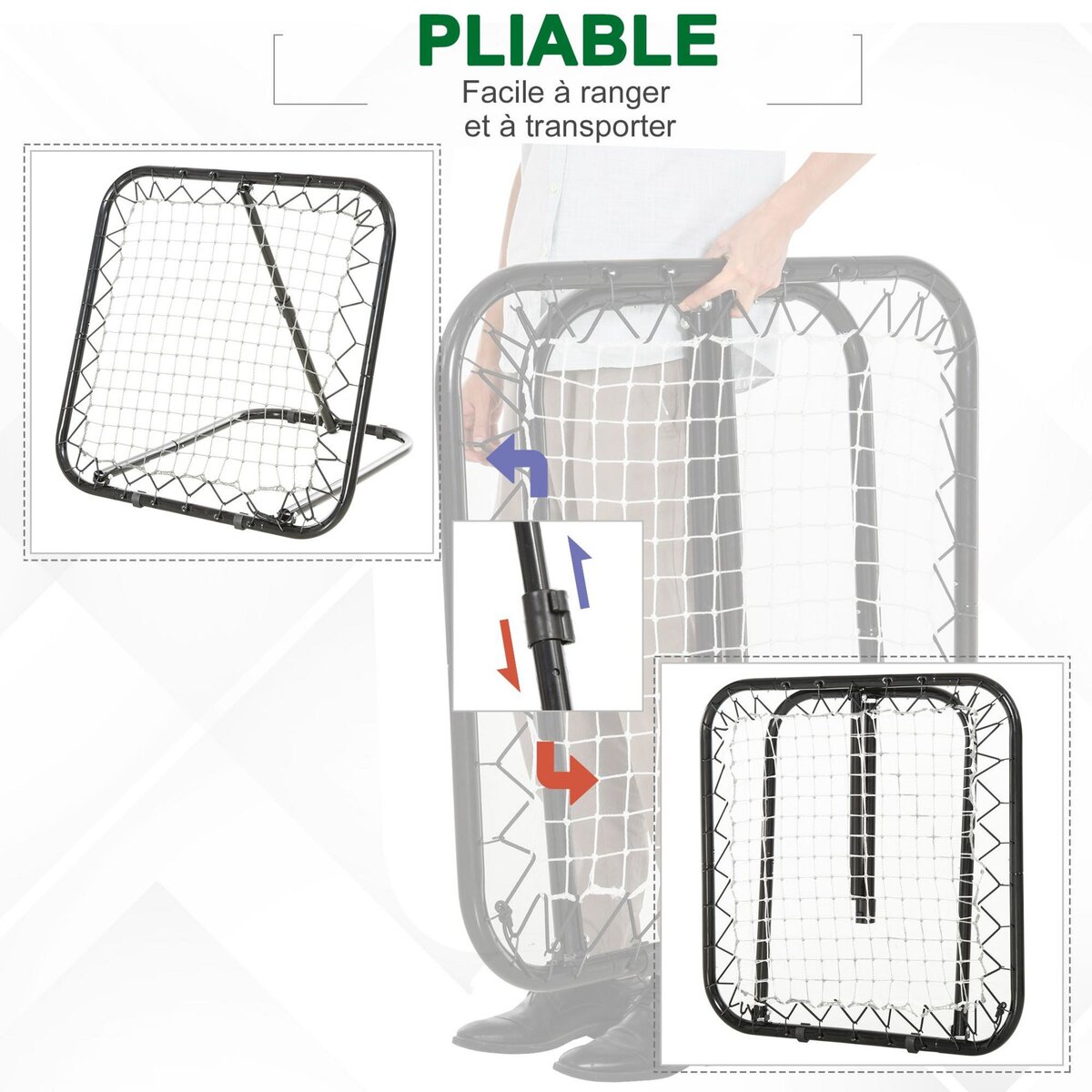 HOMCOM Filet de rebond de football pliable - inclinaison réglable 5 positions - dim. 84L x 78l x 78H cm - piquets d'ancrage inclus filet PE blanc métal époxy noir