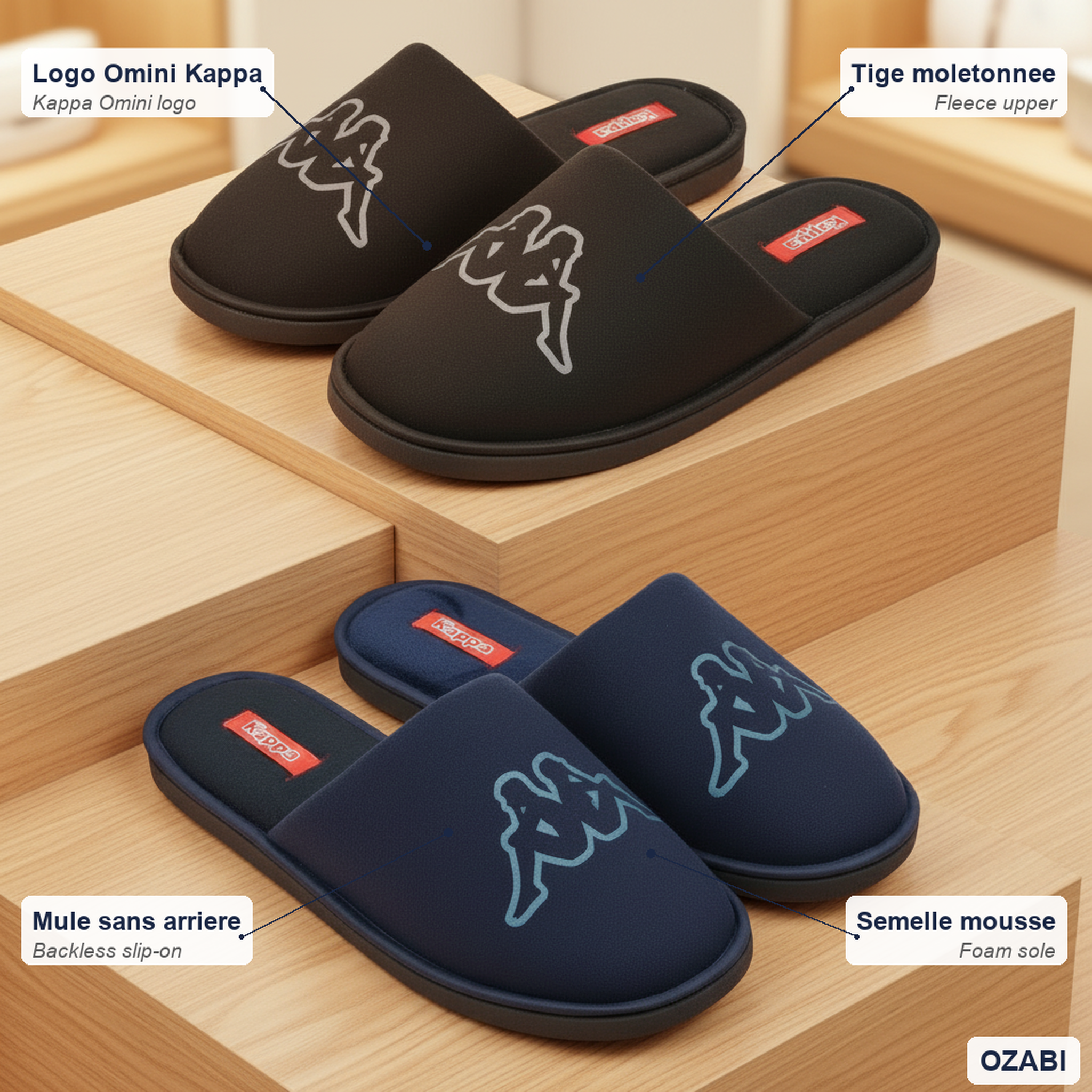 Voir la diapositive 5 : KAPPA Kappa pantoufles mules homme moletonnées logo omini pack 2 paires