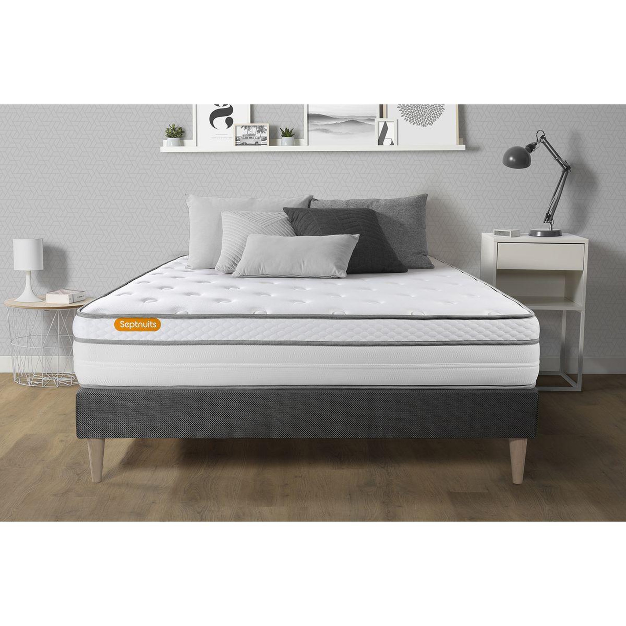 Voir la diapositive 1 : SEPTNUITS Matelas + sommier kit gris Memo Luxe Ressorts ensachés + mémoire de forme MAXI épaisseur