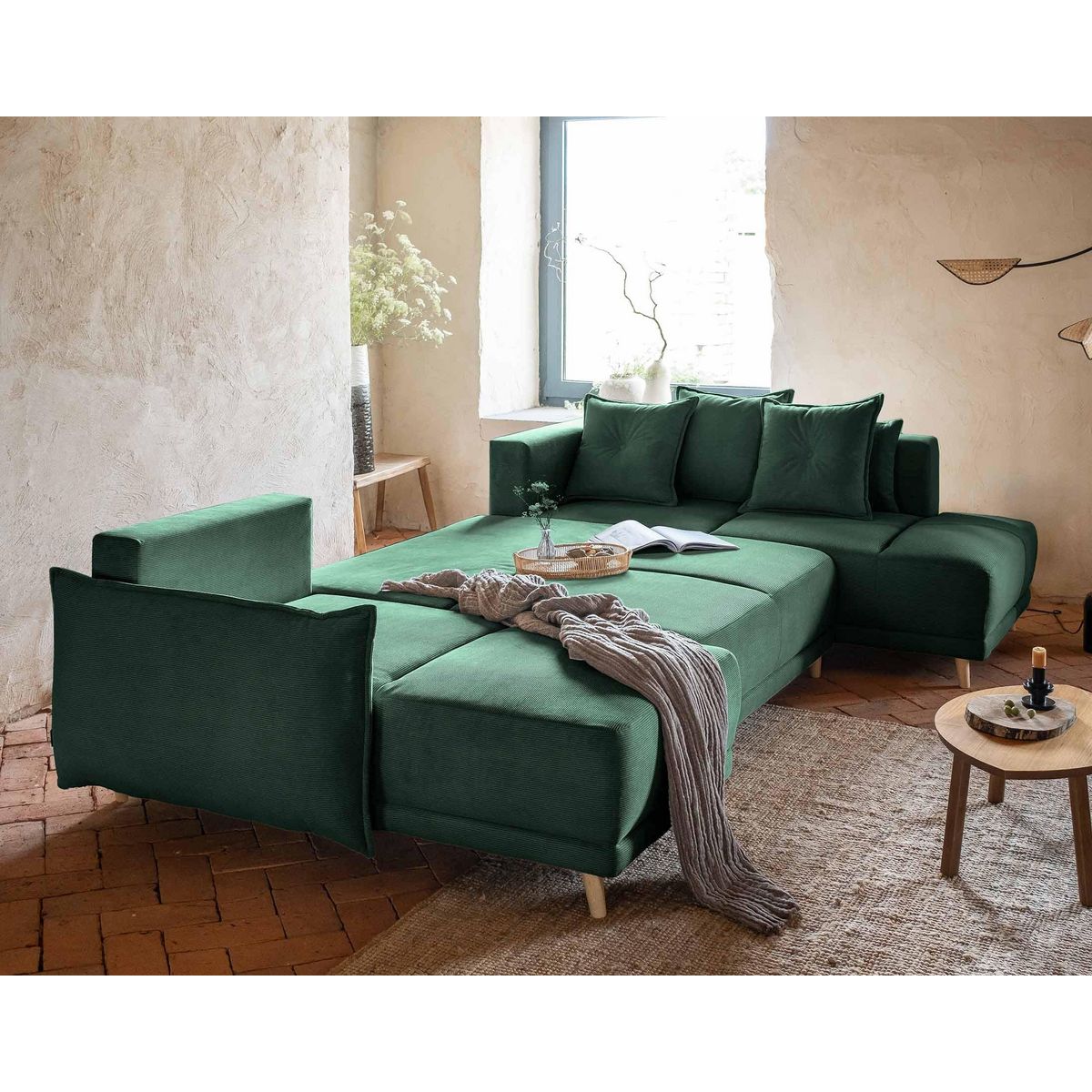 BEST MOBILIER Lena - canapé panoramique d'angle droit 7 places - convertible avec coffre - en velours côtelé