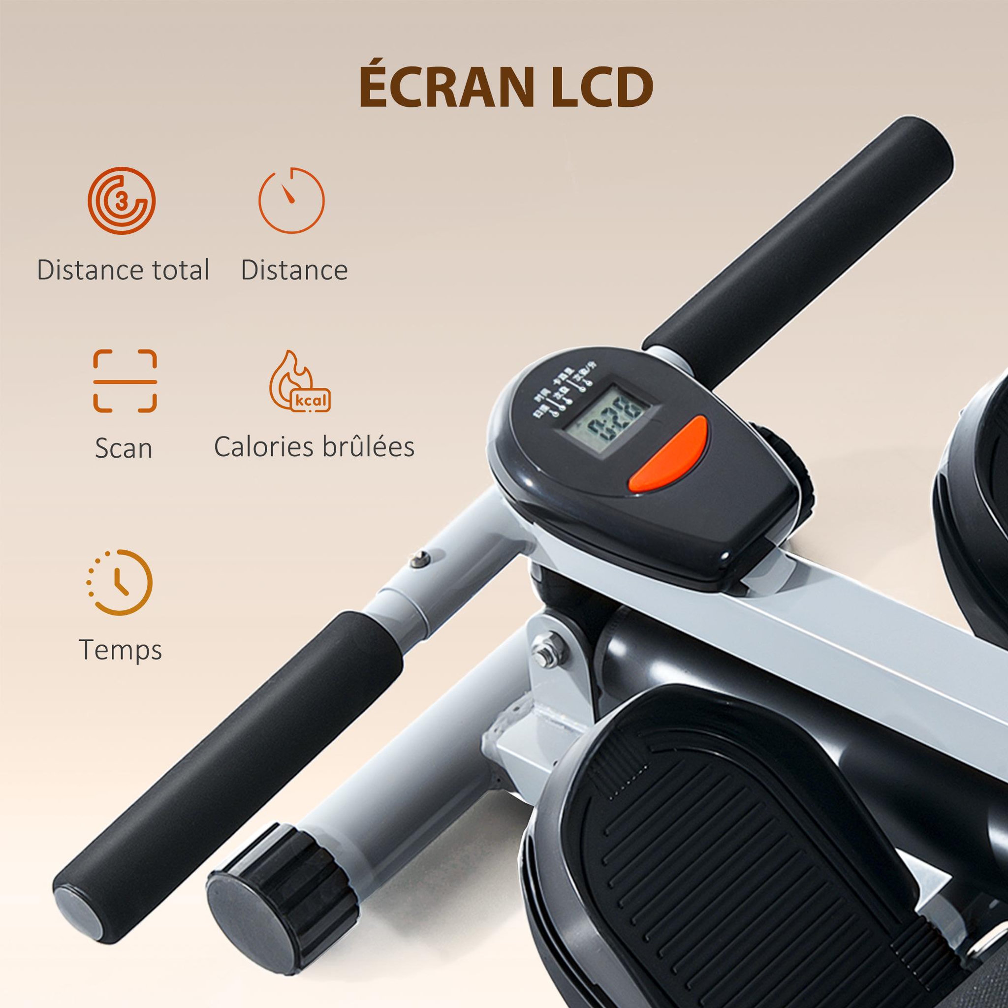 Voir la diapositive 5 : HOMCOM Rameur d'appartement appareil de fitness et musculation cardio training écran lcd multifonction acier gris et noir