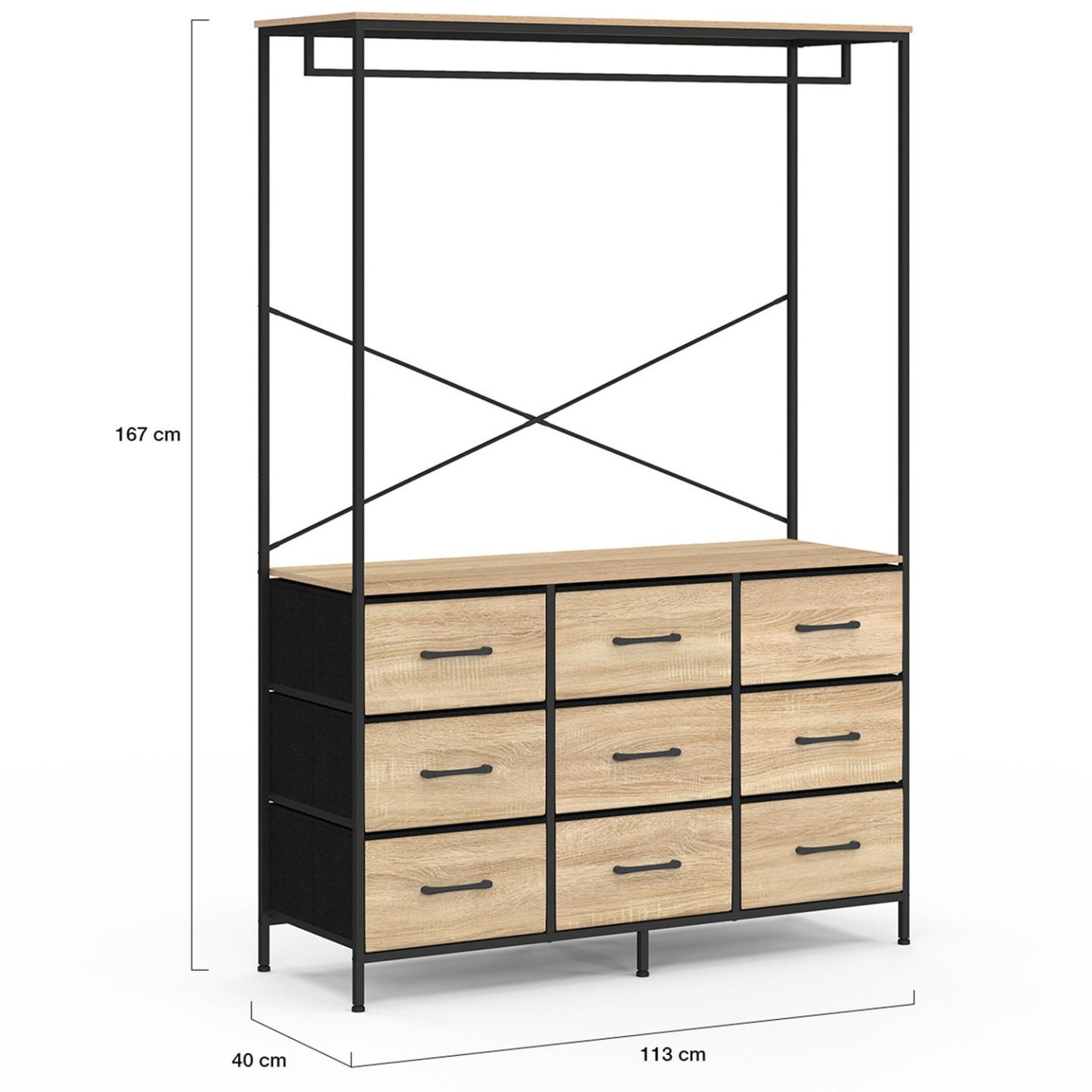 Voir la diapositive 4 : ID MARKET Dressing penderie l. 113 cm utah avec 9 bacs en tissu bois et noir