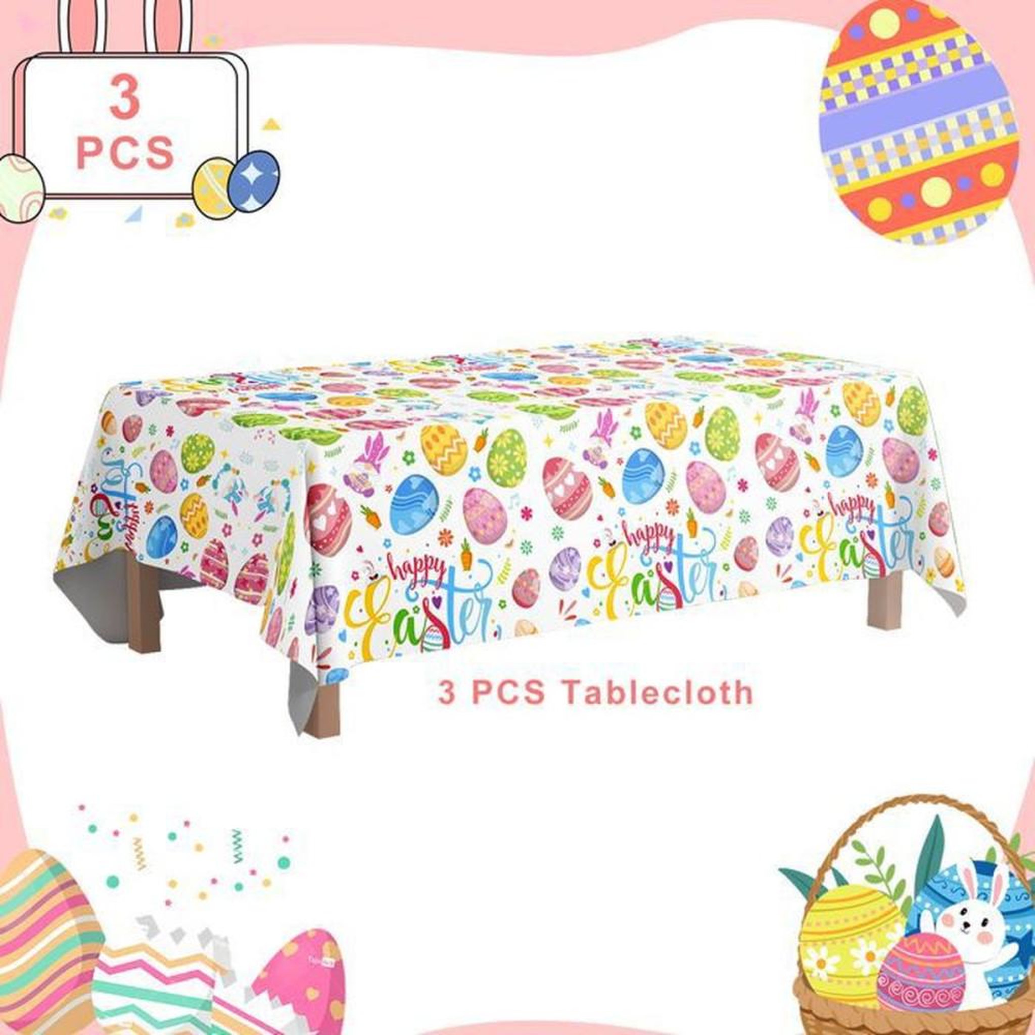 Voir la diapositive 2 : Set de nappes de Pâques 3 pièces multicolores motif lapins lavable et réutilisable