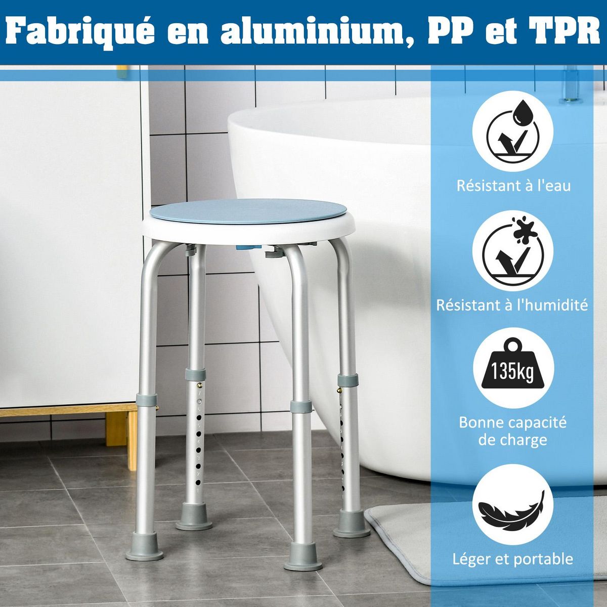 HOMCOM Tabouret de douche siège de douche - hauteur réglable, pivotant 360° - alu PP blanc bleu