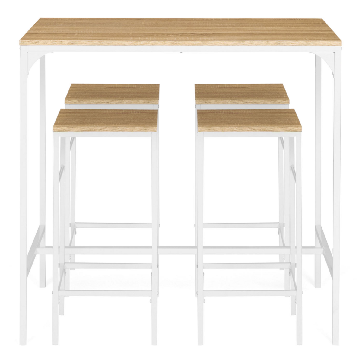 ID MARKET Ensemble table haute de bar DETROIT 100 cm et 4 tabourets bois et métal blanc design industriel