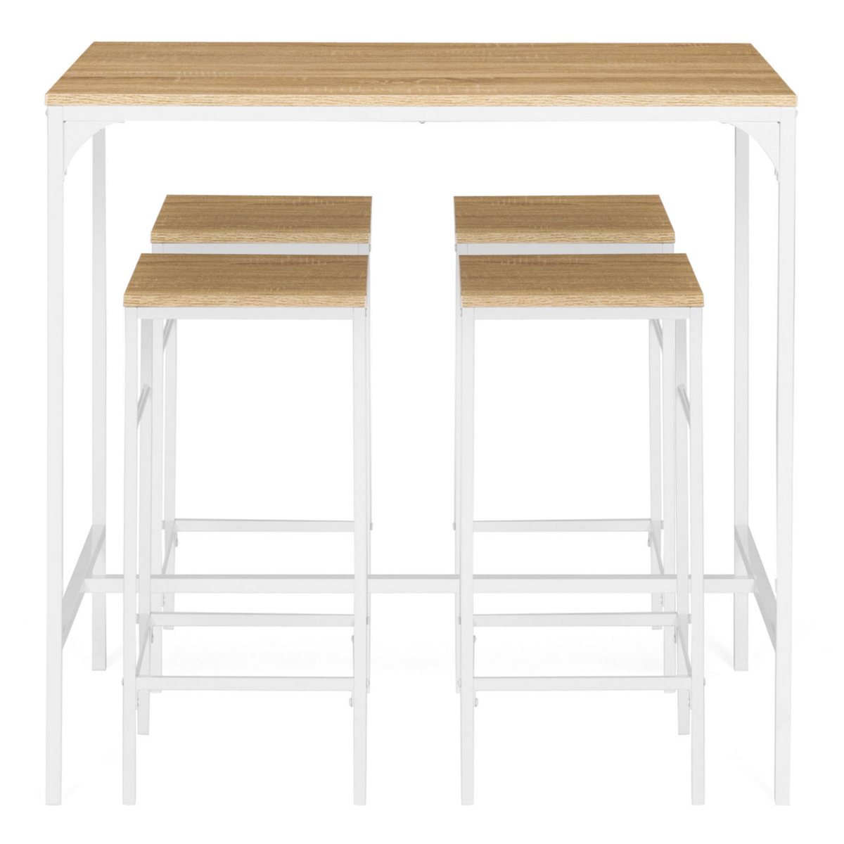 ID MARKET Ensemble table haute de bar DETROIT 100 cm et 4 tabourets bois et métal blanc design industriel