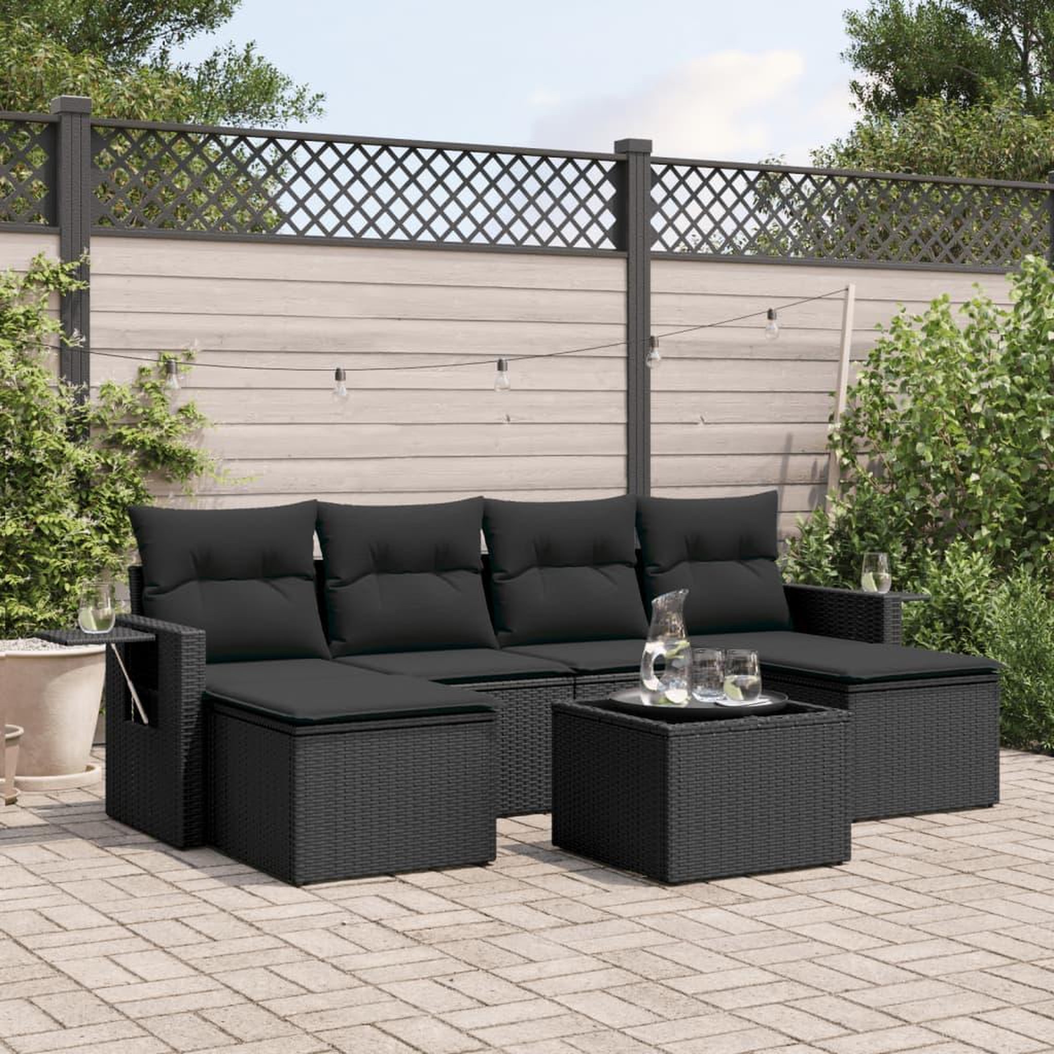 VIDAXL Salon de jardin 7 pcs avec coussins noir resine tressee