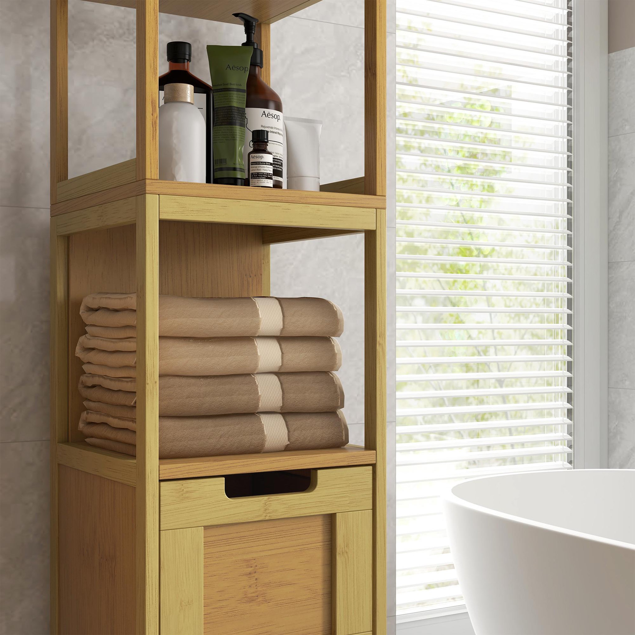Voir la diapositive 5 : HOMCOM Meuble colonne rangement salle de bain style cosy dim. 30L x 30l x 144H cm 3 étagères 2 tiroirs bambou MDF aspect bois clair