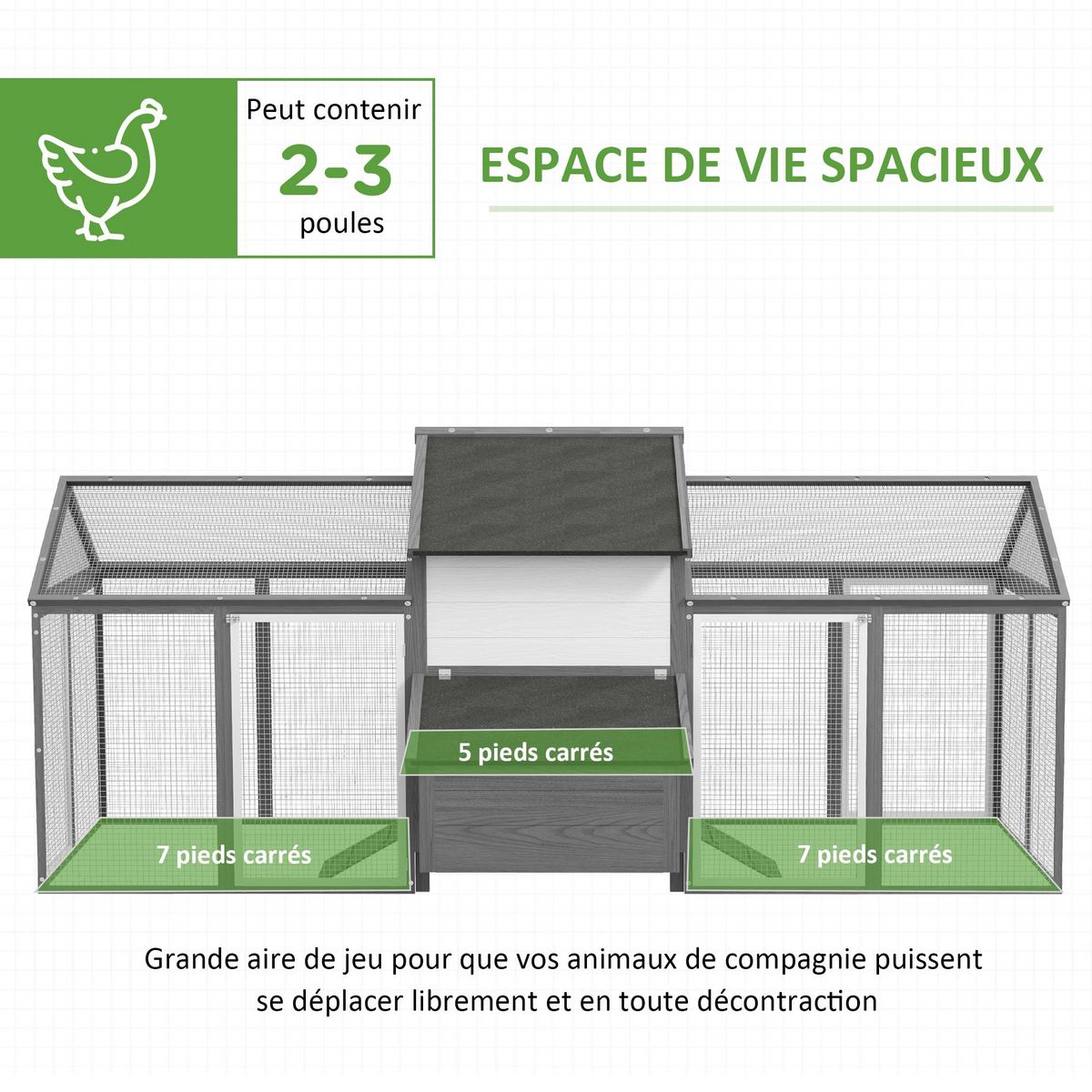 PAWHUT Poulailler en bois 2 enclos modulables niche pondoir gris