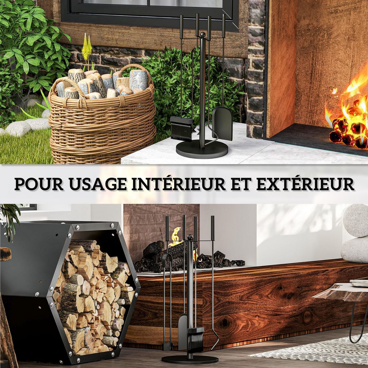 OUTSUNNY Serviteur de cheminée moderne 5 pièces - balai, pelle, pince, tisonnier, support - métal noir