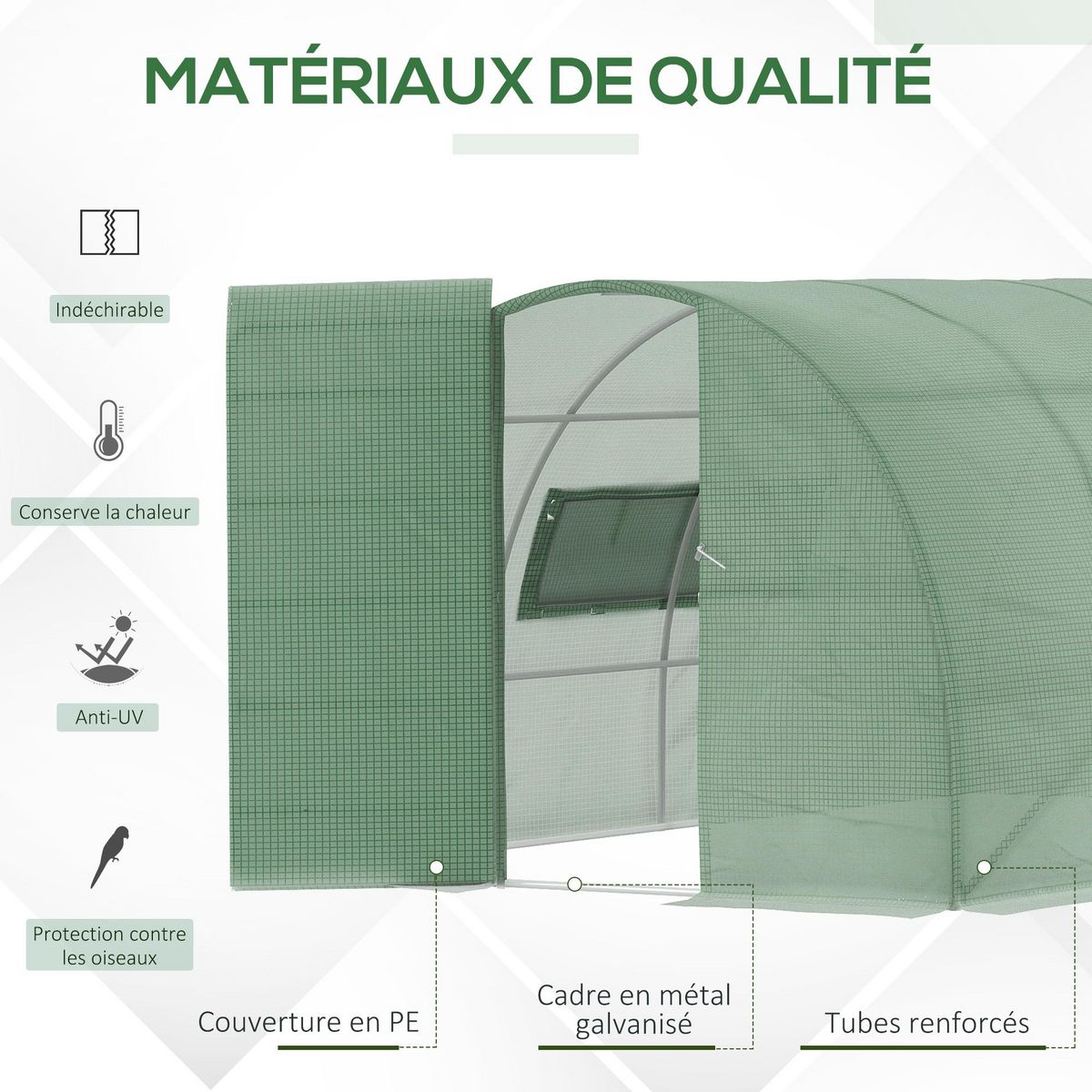 OUTSUNNY Serre de jardin tunnel 11 m² acier galvanisé renforcé diamètre 2,4 cm + PE haute densité fenêtres porte vert
