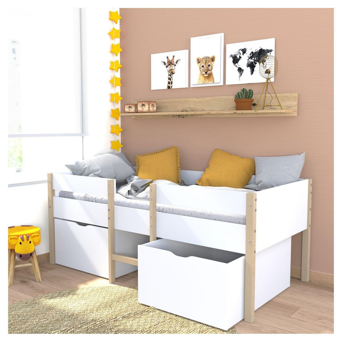 Ensemble Lit enfant mi hauteur 90X190cm avec échelle et 2 tiroirs + sommier ZEPHIR + matelas 90 x190 cm DIONE