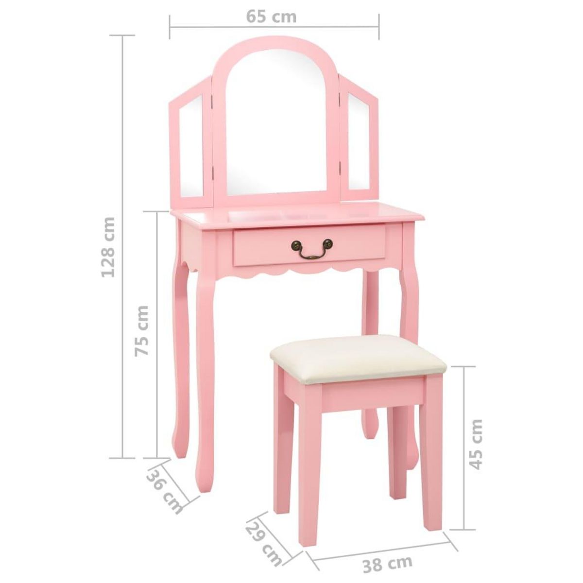 VIDAXL Coiffeuse et tabouret Rose 65x36x128 cm Bois de paulownia MDF