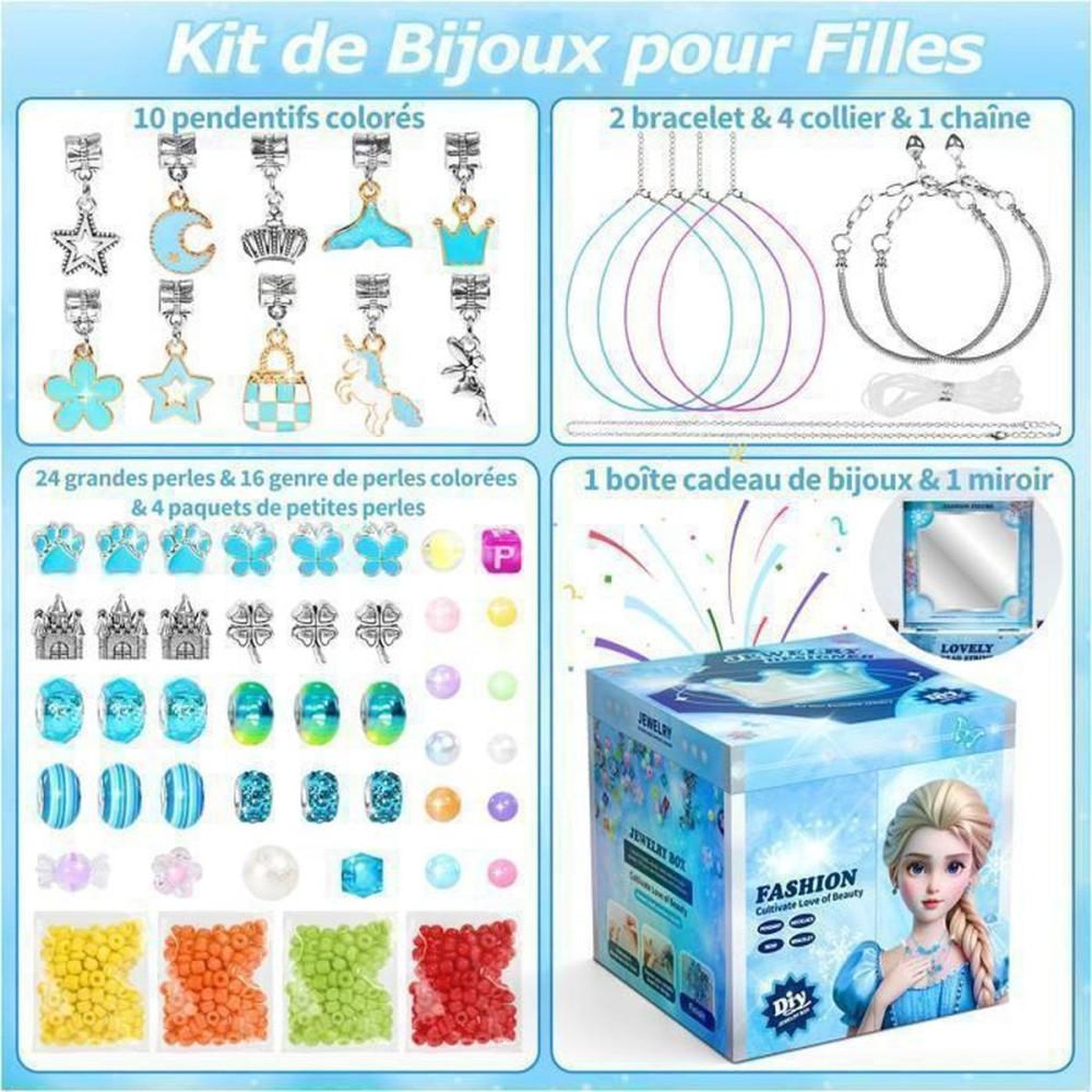 Voir la diapositive 2 : Kit de création de bijoux DIY fille Princess avec perles non toxiques, montage sans colle et mini miroir