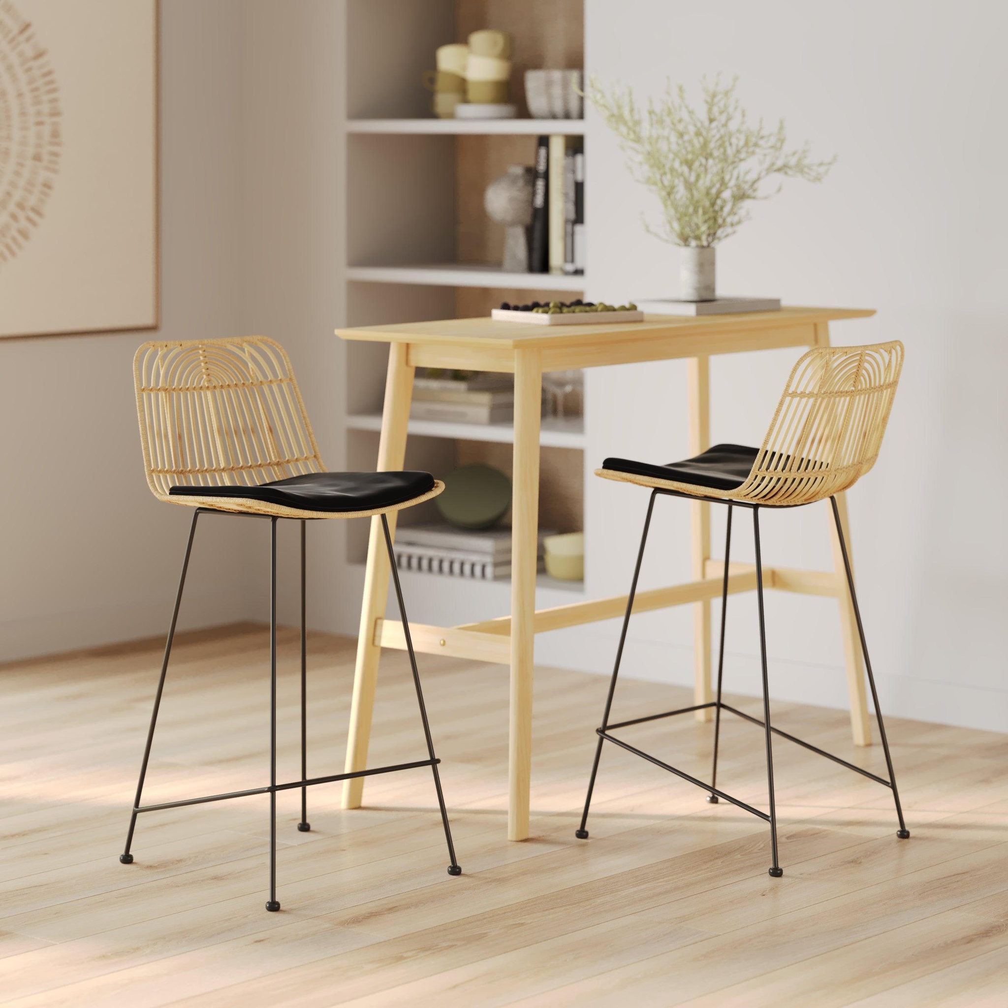 Voir la diapositive 2 : MAISON PAVANE Lot de 2 chaises pour îlot central 66 cm en rotin et noir-goa