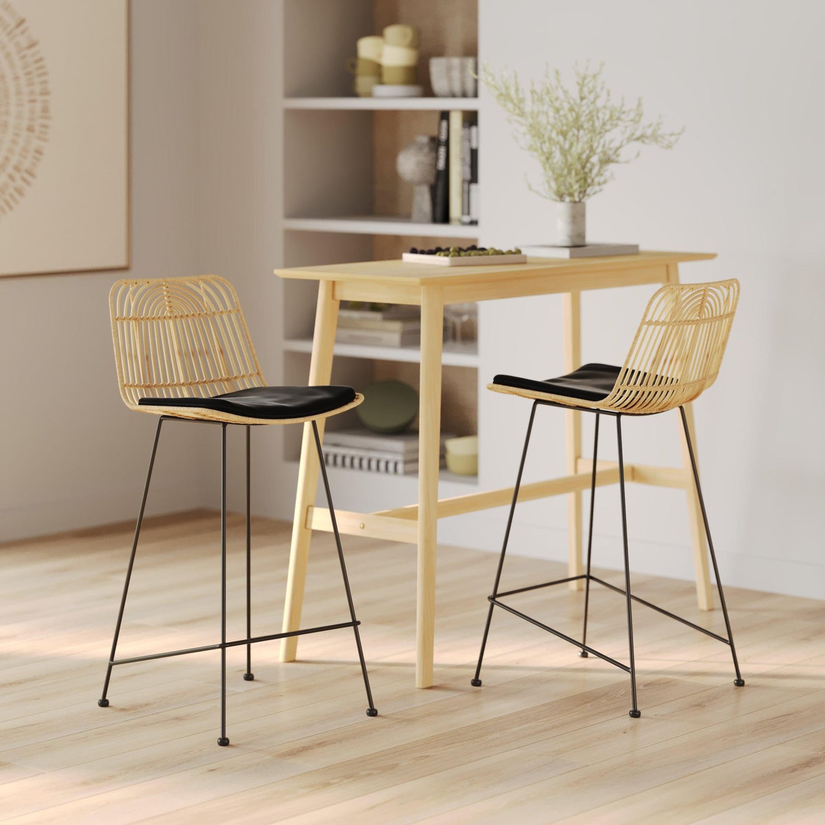 Rendez vous déco Lot de 2 chaises pour îlot central 66 cm en rotin et noir-Goa